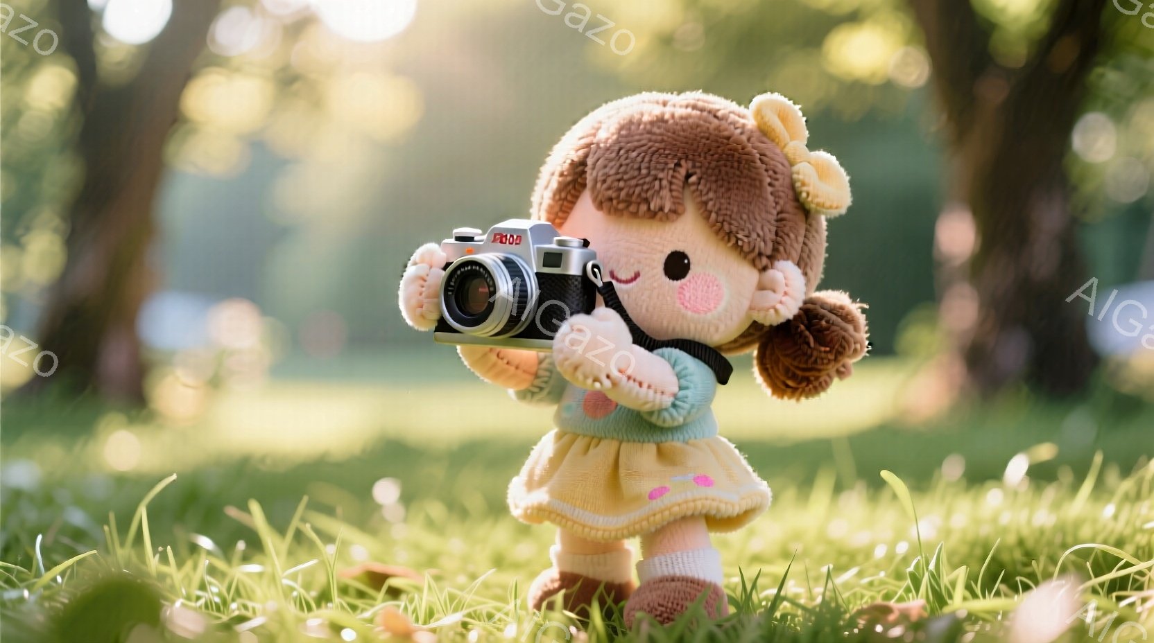 ふわふわの茶色の髪と赤い頬を持つ、可愛らしい人形が写っています。人形は水色のセーターと黄色いスカートを着て、首からカメラを下げ、構えながら何かを撮影しているようです。背景は緑豊かな草原と木々で、光が差 - AI生成フリー素材