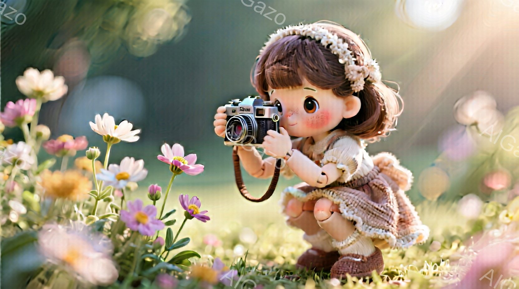 花畑でカメラを持つ若い女性が写っている。彼女はカールした茶髪に花冠をつけ、ベージュのセーターと茶色のブーツを履いている。背景は緑豊かな草地と様々な色の花で、柔らかい光が差し込み、温かく牧歌的な雰囲気を醸し出している。