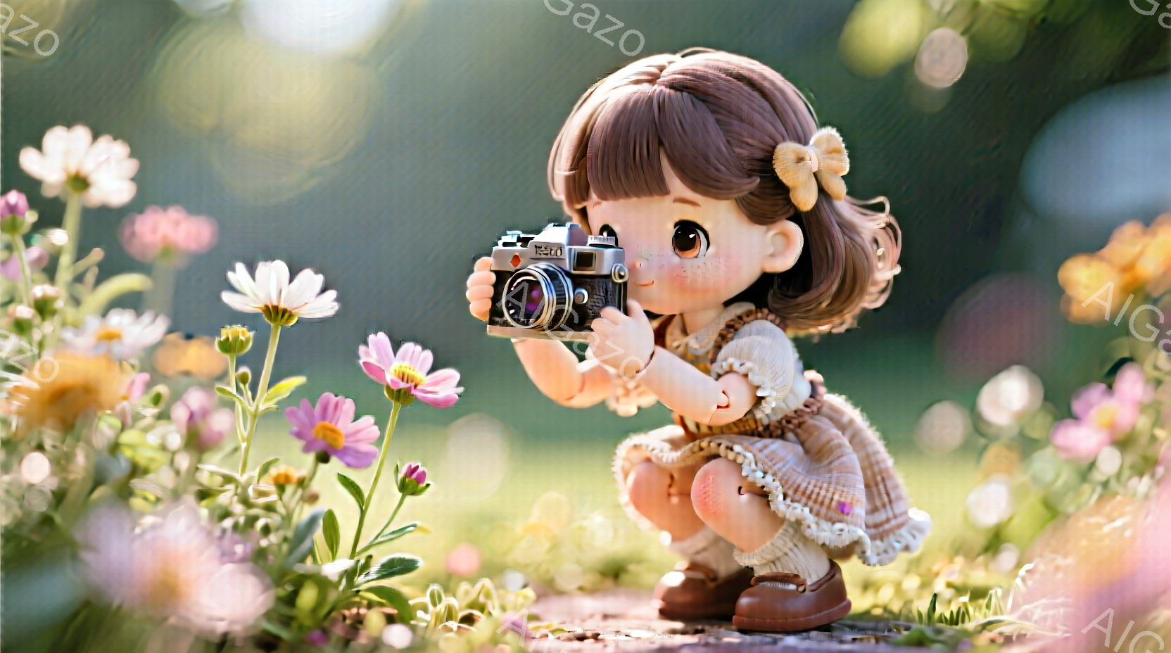 小さな女の子が花畑の中でしゃがみ、レトロなカメラで何かを撮影している。彼女は茶色のカールした髪にリボンをつけており、ベージュ色のワンピースと茶色のブーツを履いている。背景は緑豊かな植物と色とりどりの花で、柔らかい日差しが降り注ぎ、暖かくノスタルジックな雰囲気を作り出している。