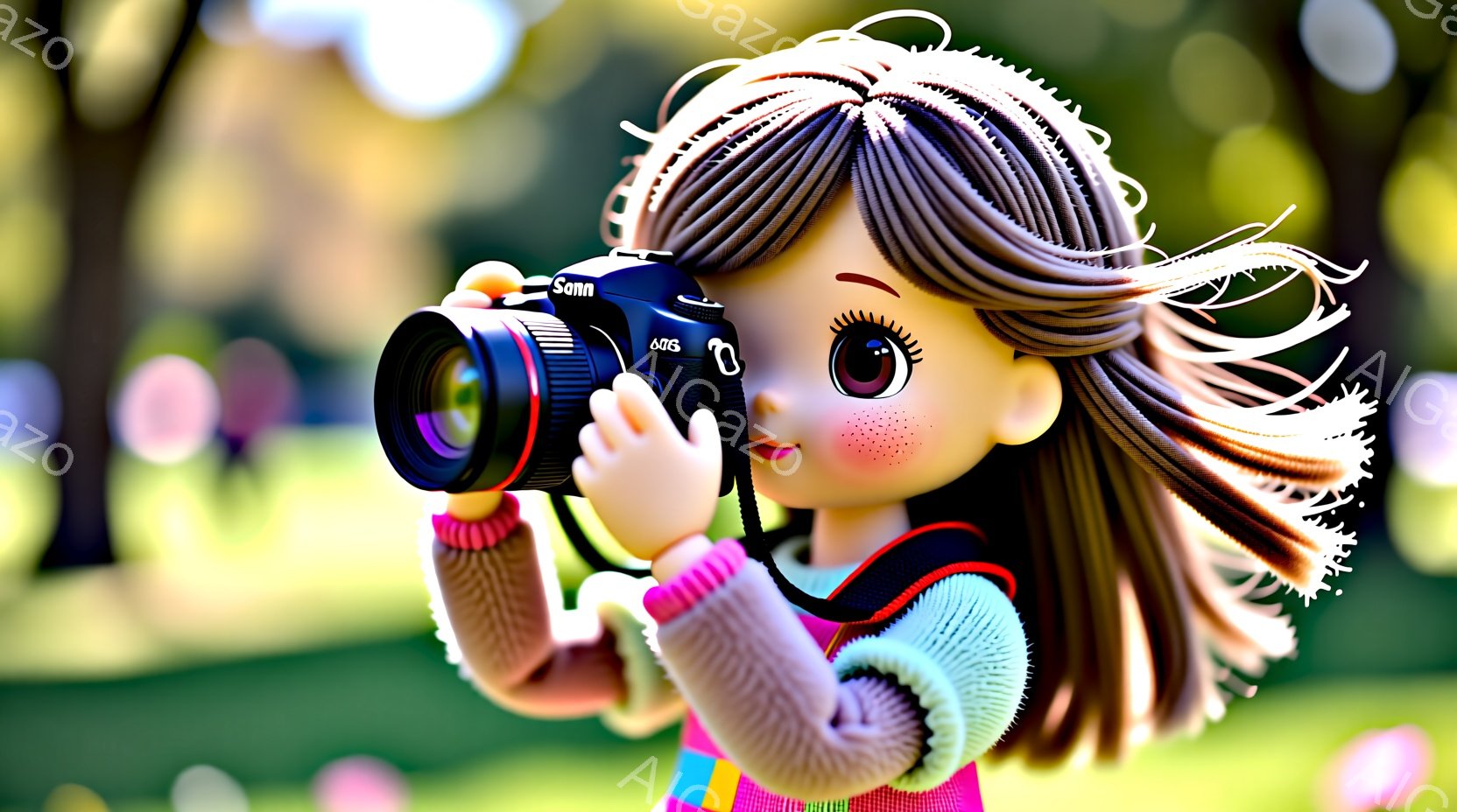 明るい緑の背景の中で、大きなカメラを持ったアニメ風の女の子が写っています。彼女はピンク色の頬、大きな目、巻き毛の髪をしており、ピンクと水色のセーターベストを着ています。背景にはぼやけた木々と花が咲き、柔らかく穏やかな雰囲気を醸し出しています。