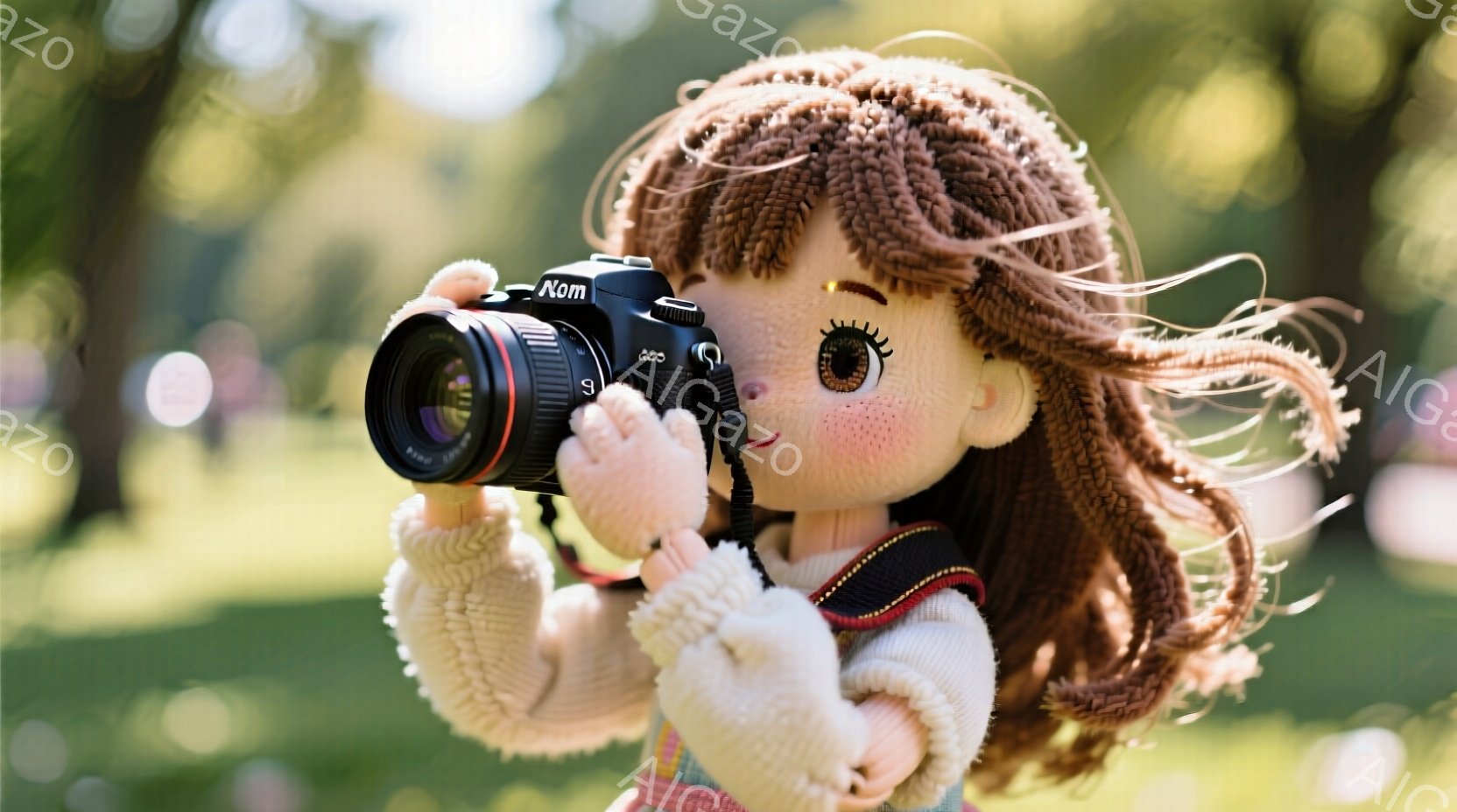 茶色の巻き毛の女性が、カメラを構えて撮影している様子が写っています。彼女はカラフルなストラップ付きの服を着ており、明るい表情で、背景には緑豊かな自然が広がっています。全体的に温かく、遊び心のある雰囲気です。