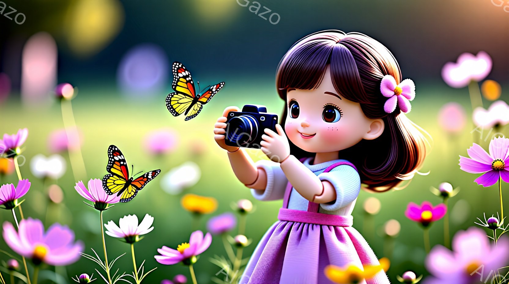 明るいピンク色のワンピースを着た幼い女の子が、花畑の中でカメラを持って撮影しています。彼女は茶色の巻き毛にピンク色の花飾りをつけ、楽しそうな笑顔を浮かべています。背景には、紫や白の鮮やかな花々が咲き乱れ、蝶が舞い、暖かく穏やかな雰囲気を醸し出しています。