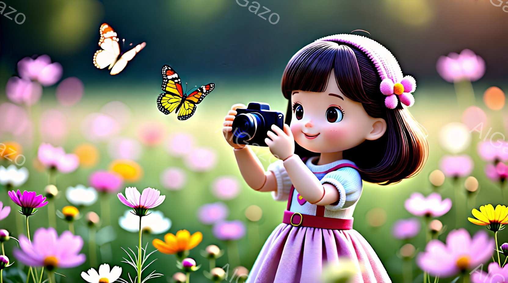 茶髪の女の子がピンク色の花畑でカメラを構えています。彼女は薄ピンク色のフリルドレスに、白いヘッドバンドをつけており、楽しそうな笑顔を浮かべています。背景には様々な色の花が咲き乱れ、明るい日差しが差し込み、温かく幸せな雰囲気を醸し出しています。