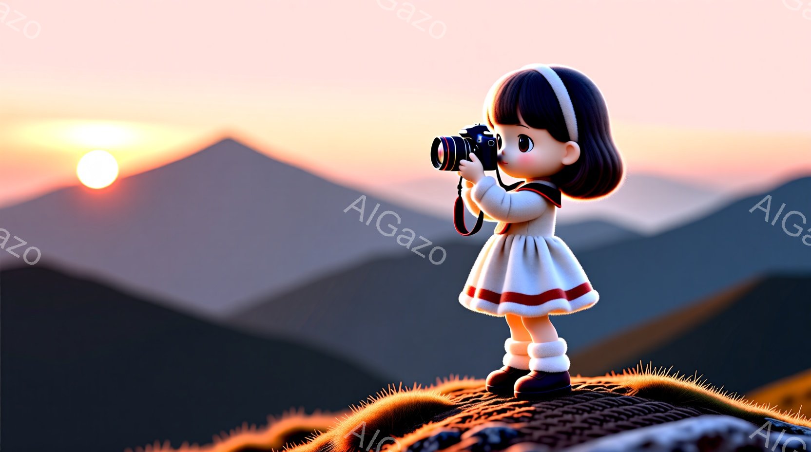 小さな女の子が山頂でカメラを構えています。彼女はピンクのワンピースに白いブーツを履き、黒い髪を短いボブスタイルにしています。背景には、夕焼けに照らされた山々が連なり、温かく幻想的な雰囲気を醸し出しています。