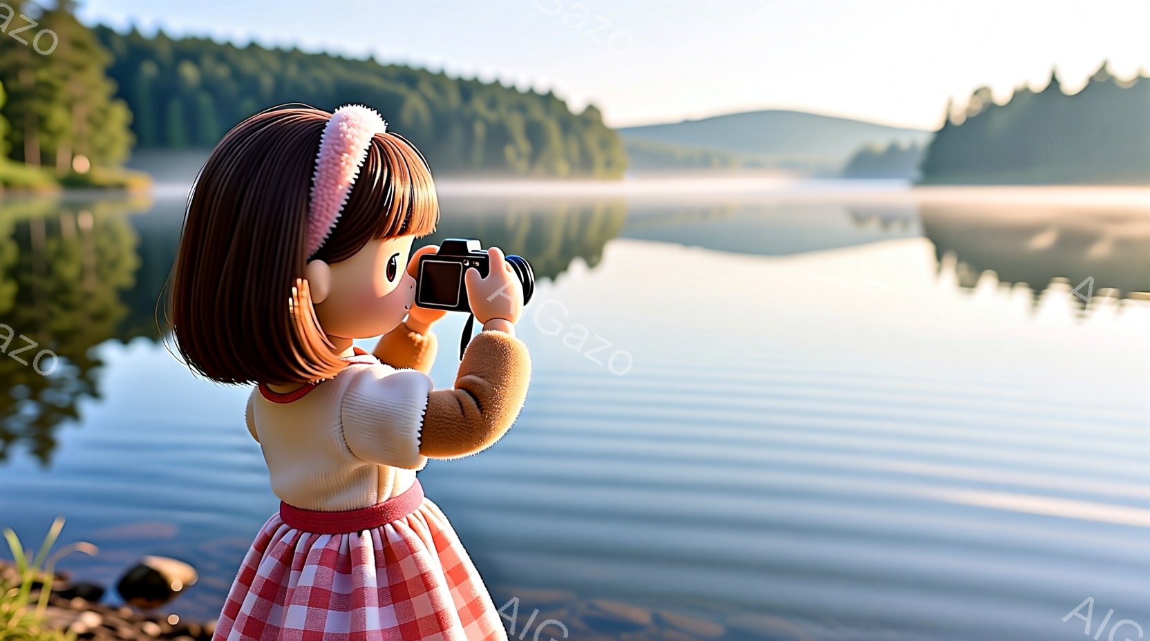 茶色の髪にピンクのヘアバンドをつけた女の子が、湖を前にカメラで写真を撮っています。彼女は赤いギンガムチェックのスカートとクリーム色のセーターを着ており、少し前かがみの姿勢で構図を確認しているようです。背景には緑豊かな山々と穏やかな湖が広がり、静かで平和な雰囲気を醸し出しています。