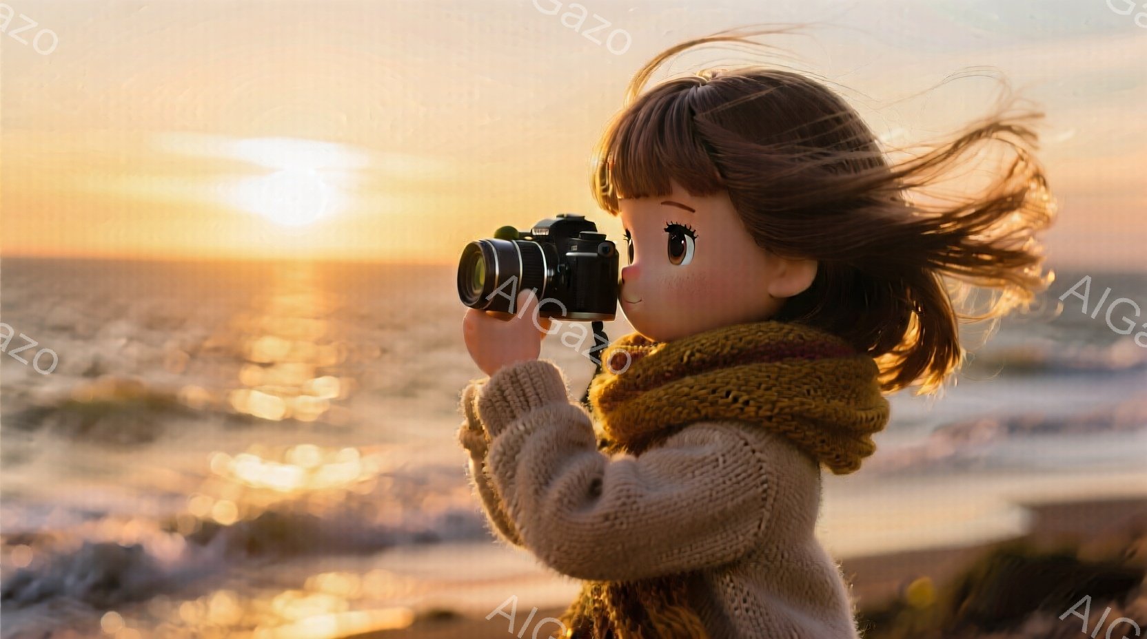 少女はニットのセーターとショールで暖かく身を包み、カメラを構えて何かを撮影しようとしている。彼女の髪は風になびき、背景には穏やかな波と夕焼けの美しい海が広がっている。全体的に、暖かくノスタルジックな雰囲気で、どこか懐かしい情景を感じさせる。