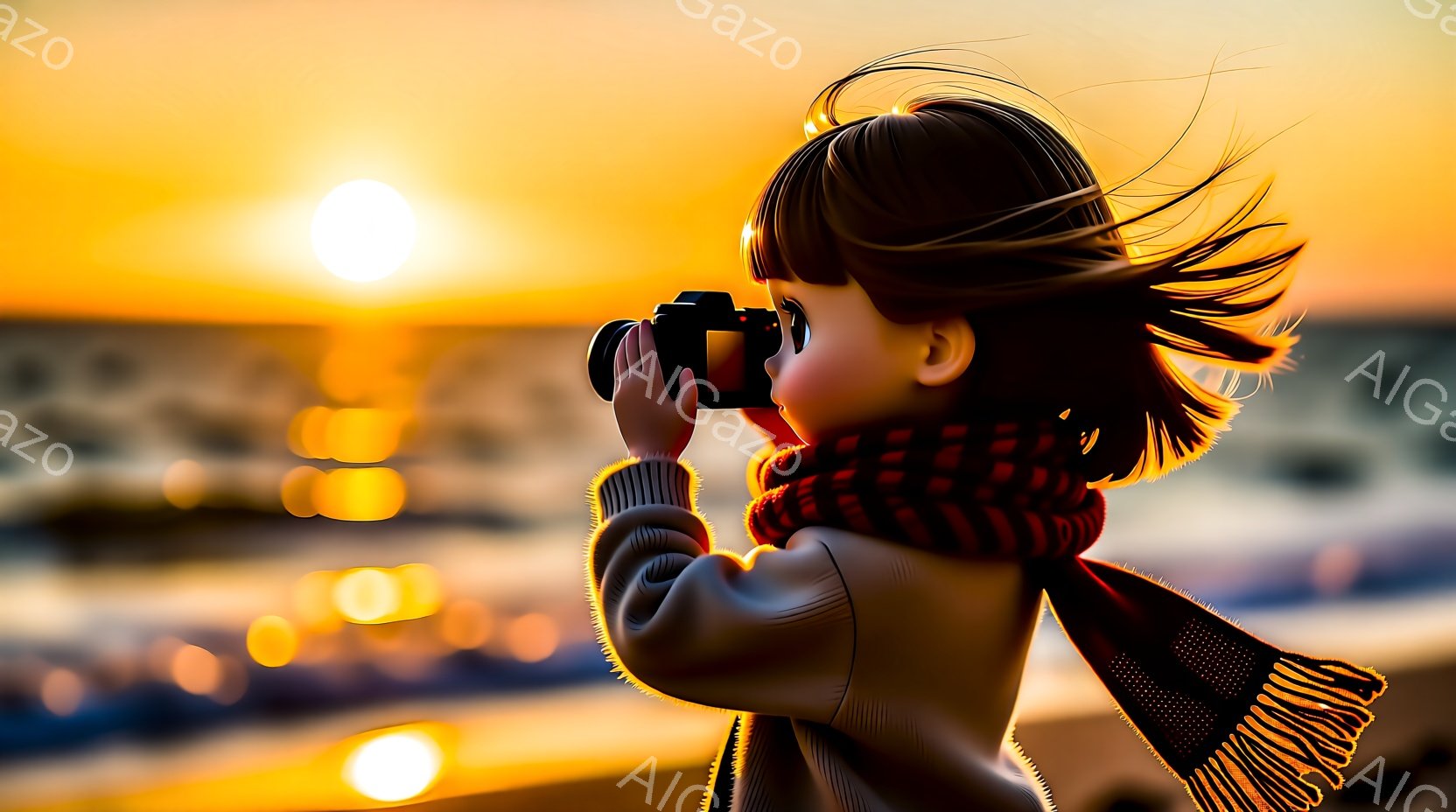夕焼けを背景に、少女がカメラを構えている様子が捉えられている。彼女は、明るい色合いのコートとストライプの赤いスカーフを身に着け、風になびく髪が印象的だ。背景にはぼやけた街並みと、暖かく輝く夕日が広がり、ノスタルジックで穏やかな雰囲気を醸し出している。