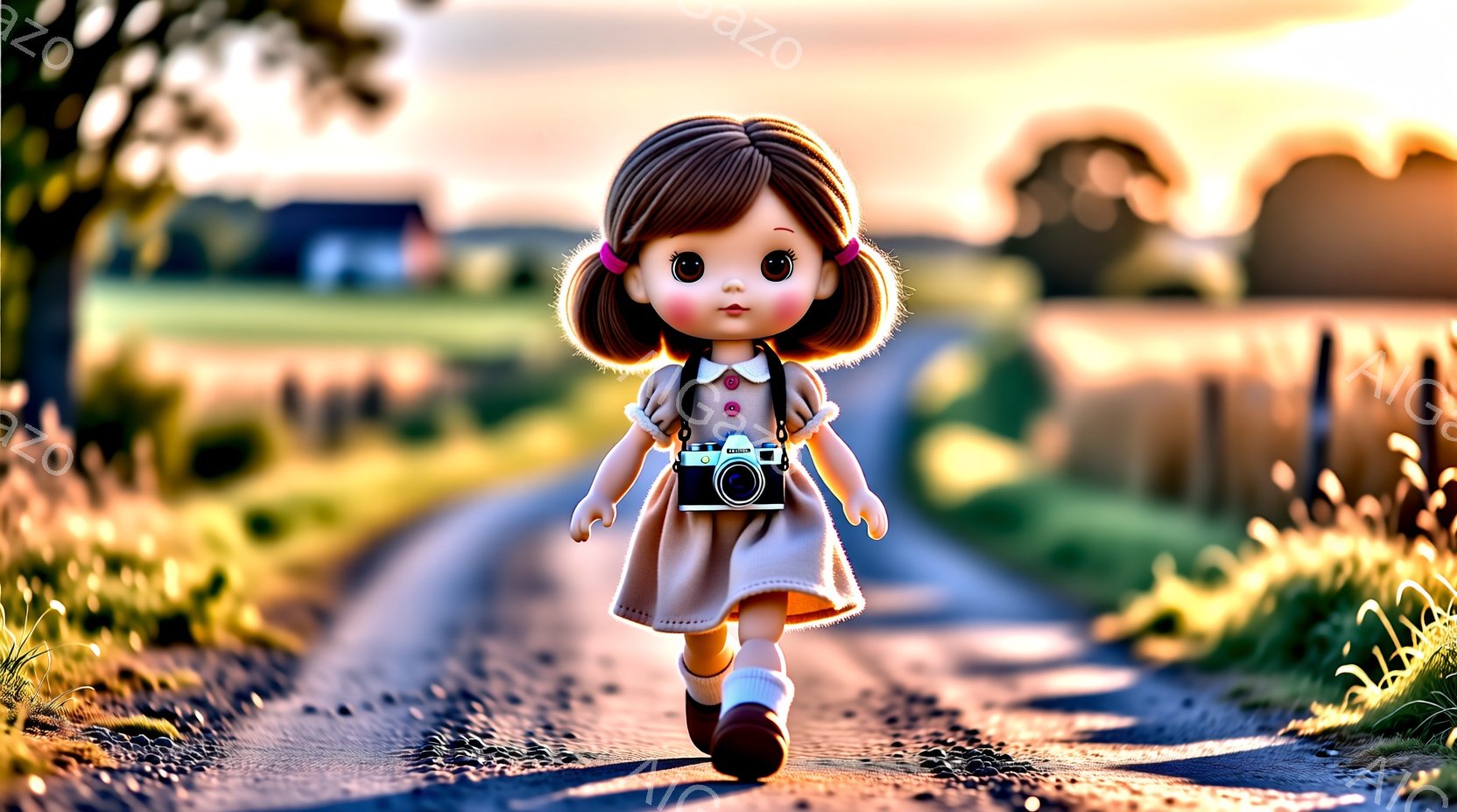 少女は、茶色のカールした髪を左右に分けてリボンで結び、ベージュ色のワンピースと白い靴下、靴を身に着けています。彼女は古いカメラを首から下げ、砂利道をまっすぐに歩いており、どこかを見つめているような表情をしています。背景には緑豊かな草地と遠くに見える建物、そして夕焼けのような暖かい光が広がっており、ノスタルジックで優しい雰囲気を醸し出しています。