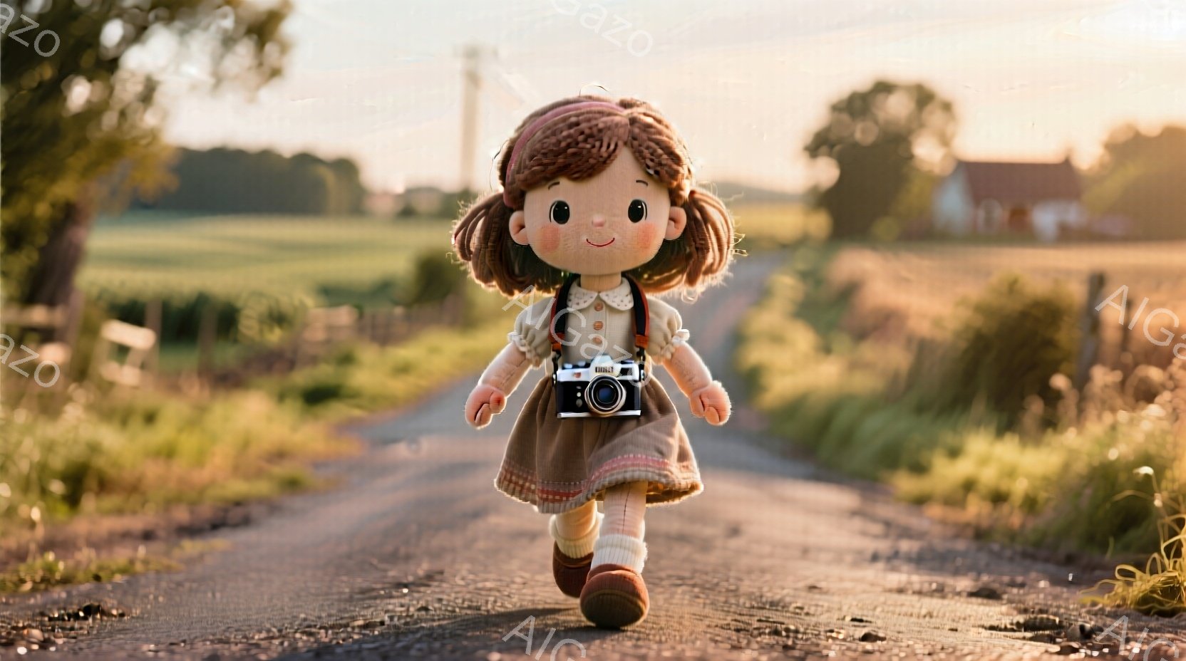 赤茶色の巻き毛に、赤いリボンをつけた少女が、土道の中央を駆けている。ベージュ色のワンピースに茶色のエプロン、そして茶色の靴を履き、首からカメラを下げている。背景には緑の草地が広がり、遠くには建物が見え、夕焼けのような暖かい光が全体を包み込んでいる。