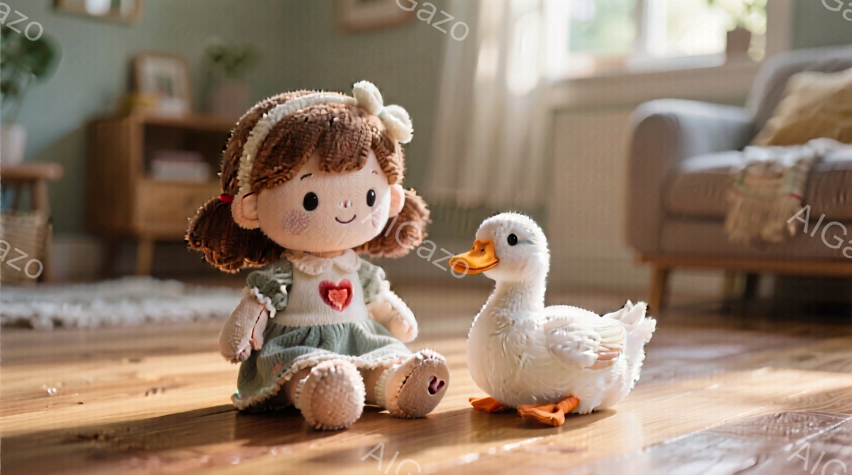 明るい木製の床に、人形と白いアヒルのぬいぐるみがあります。人形は茶色の巻き毛で、緑色のドレスと赤いハートの模様のシャツを着ており、優しい笑顔を浮かべています。背景には茶色のソファや棚が見え、部屋全体が - AI生成フリー素材