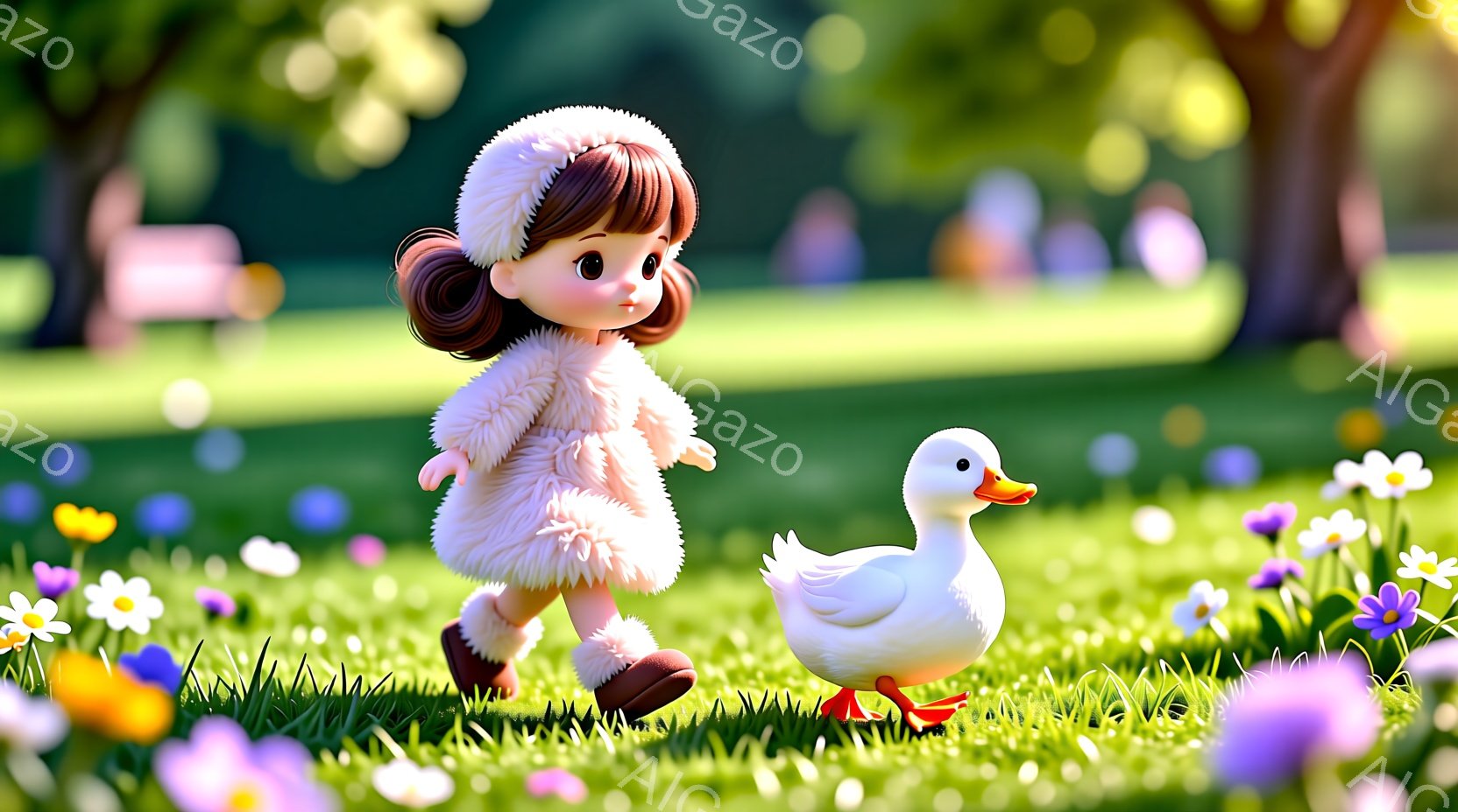 明るい緑の草原に、ふわふわの白いコートを着た幼い少女と、白いアヒルが並んで歩いています。少女は茶色の巻き毛に、同じく白い帽子をかぶり、黒い靴を履いています。背景には、ぼやけた緑の木々と、ところどころに咲く紫と黄色の花々が見え、穏やかで春らしい雰囲気です。