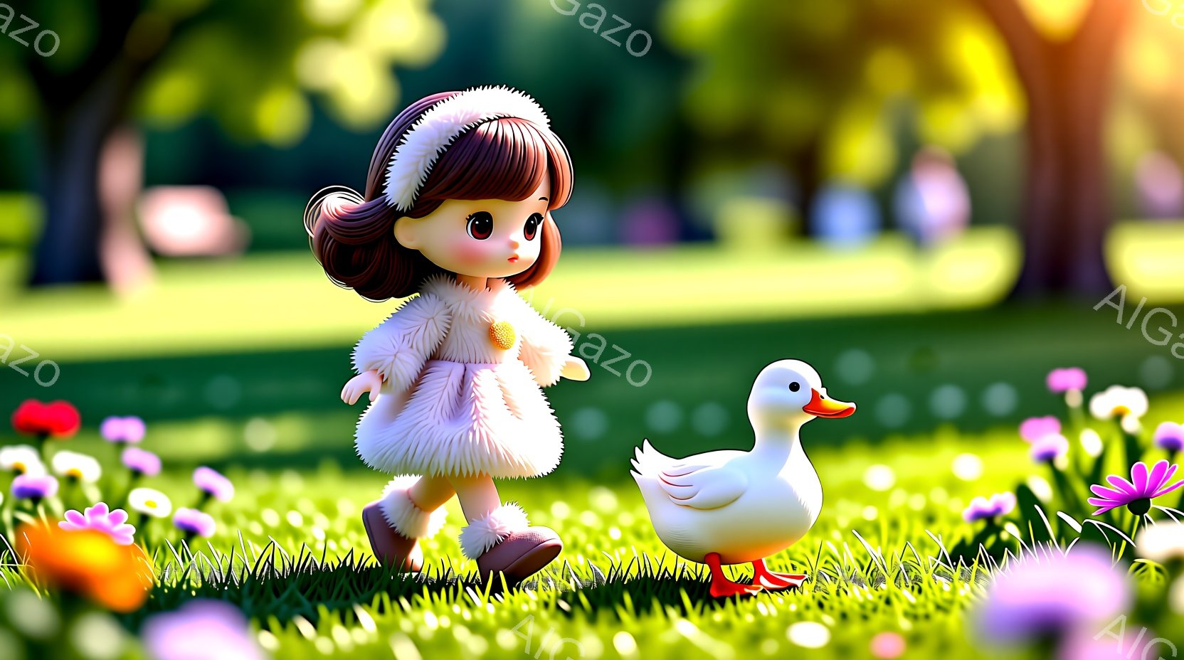 金髪の少女は、白いファーのコートとピンクのドレスを着て、緑豊かな草原を歩いています。彼女の髪は巻き毛で、頭には白いヘッドバンドが付いています。背景には、ぼやけた木々や花々が広がり、暖かい日差しが降り注ぎ、可愛らしく優しい雰囲気を醸し出しています。