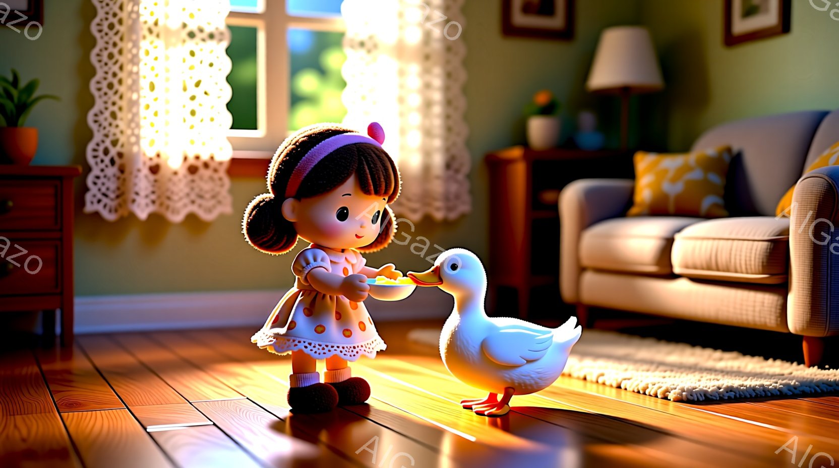 明るい室内で、赤い髪を二つの小さな結び目にまとめた女の子がおもちゃの鴨に何かをあげようとしています。彼女はオレンジ色の水玉模様のワンピースを着ており、優しい笑顔を浮かべています。背景には木製の床、緑色の壁、そして窓から差し込む暖かい光があり、心地よく穏やかな雰囲気を作り出しています。