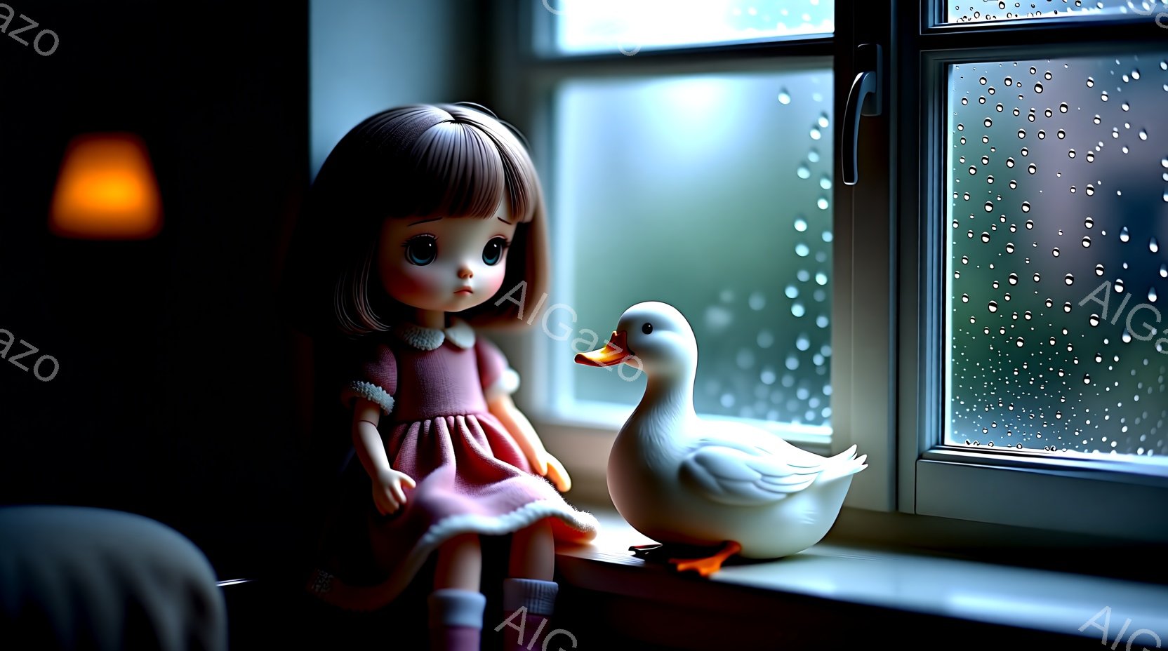 ピンクのドレスを着た少女の人形が窓辺に座っており、茶色の髪は肩まで届き、ぱっつんとした前髪が特徴的です。隣には白いアヒルの置物がおり、雨粒で覆われた窓の外にはぼやけた街並みが広がっています。全体的にしっとりとした、少し寂しげな雰囲気が漂っています。