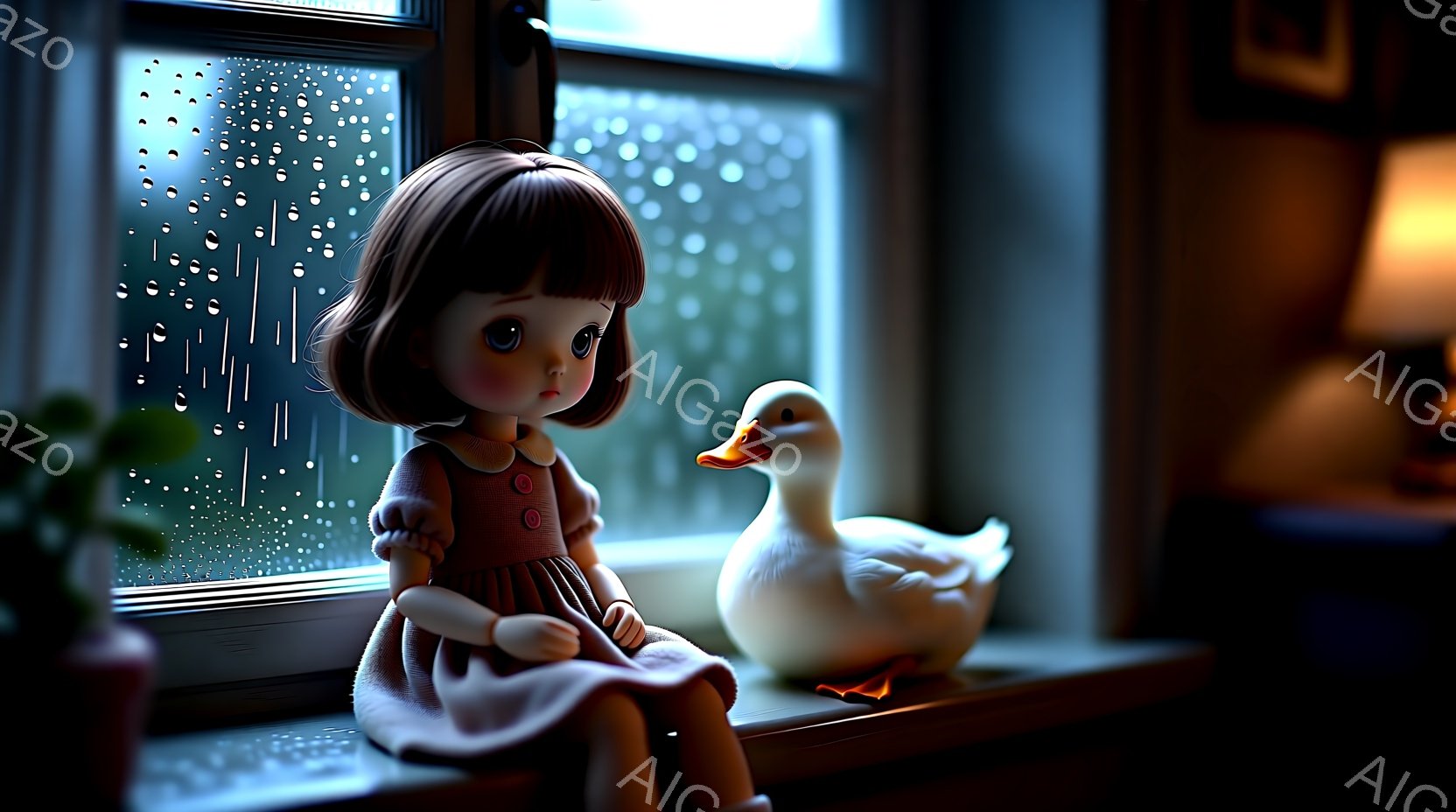 少女はピンク色のワンピースを着て、窓際に座っています。彼女の茶色の髪は肩のあたりで切り揃えられ、大きな目は少し寂しげな表情をしています。窓の外は雨が降り、背景にはぼんやりとした光が見え、全体的に物憂げ - AI生成フリー素材