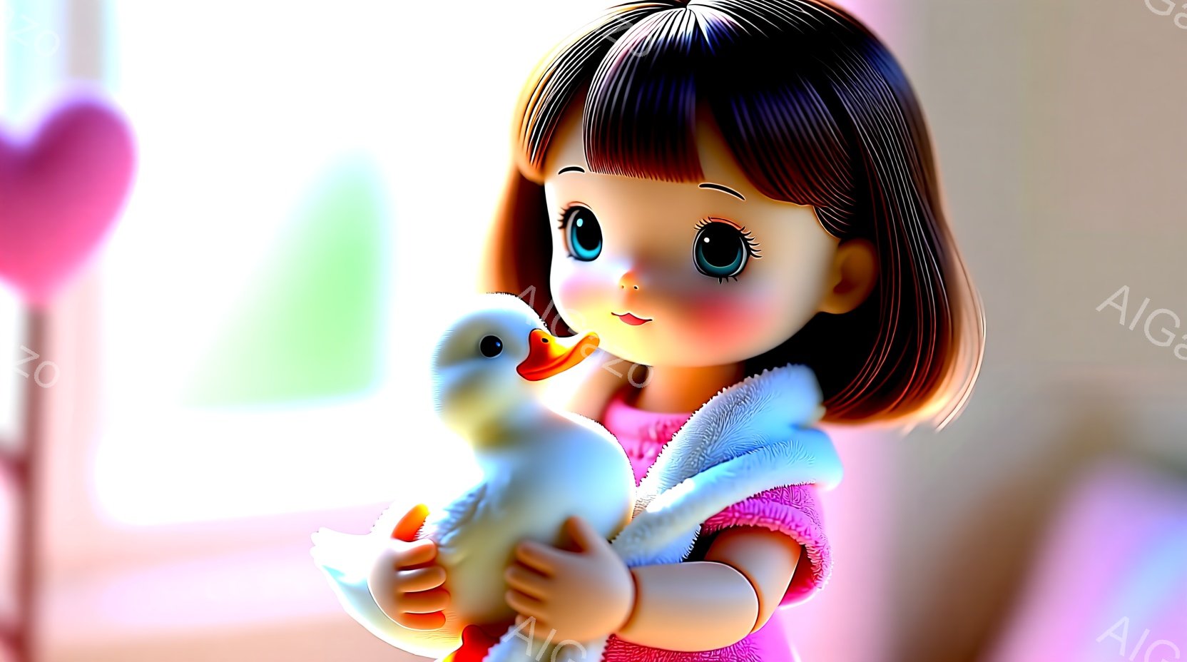 茶色のカールした髪に大きな瞳を持つ少女が、白いアヒルのぬいぐるみを抱きかかえています。ピンク色のフリル付きの服を着ており、明るい笑顔で幸せそうにアヒルを見つめています。背景はぼやけていますが、窓からの光が差し込み、全体的に暖かく優しい雰囲気です。