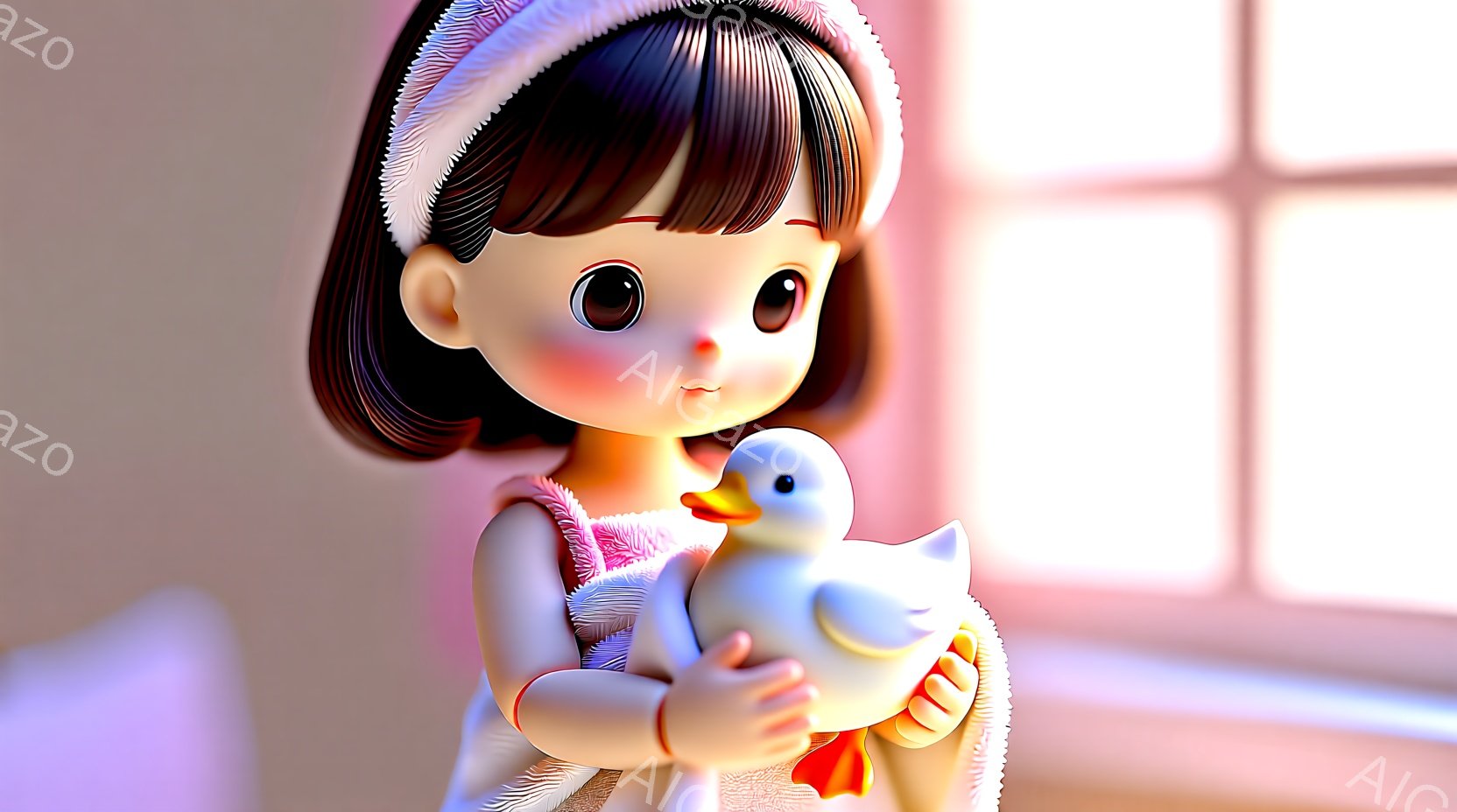 茶色の髪にピンクのリボンをつけた幼い女の子が、白いアヒルのおもちゃを抱きかかえています。彼女は白いストライプの入ったピンク色のドレスを着ており、明るい笑顔で優しい表情をしています。背景には窓があり、柔らかい光が差し込み、温かく心地よい雰囲気を醸し出しています。