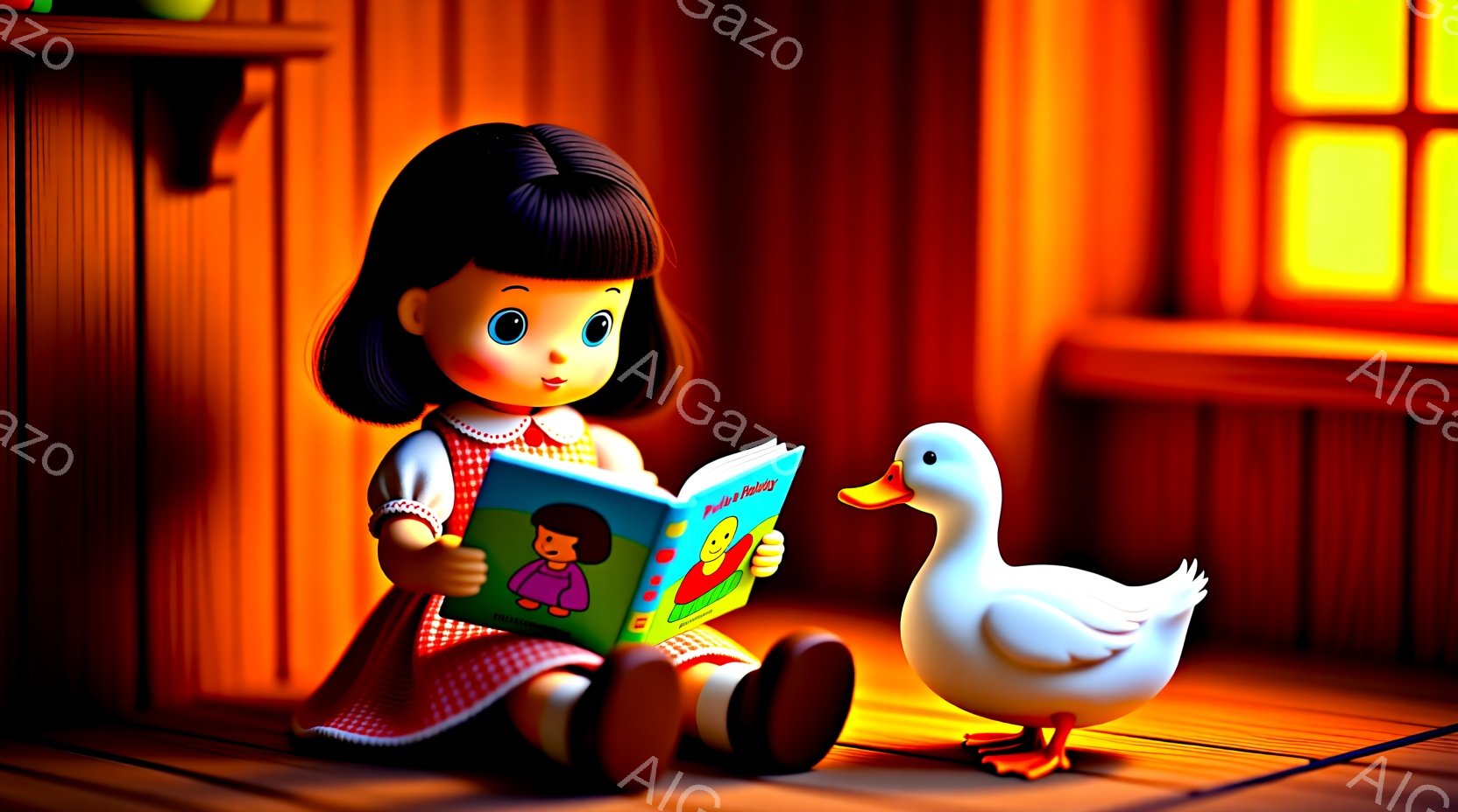 少女は赤い縁取りのある白いワンピースを着て、茶色の髪を肩まで伸ばしています。彼女は床に座り、膝を抱えながら、イラストが描かれた本を熱心に読んでいます。背景は木の壁で、窓からは暖かい光が差し込み、白いアヒルの置物が彼女の隣に座っています。