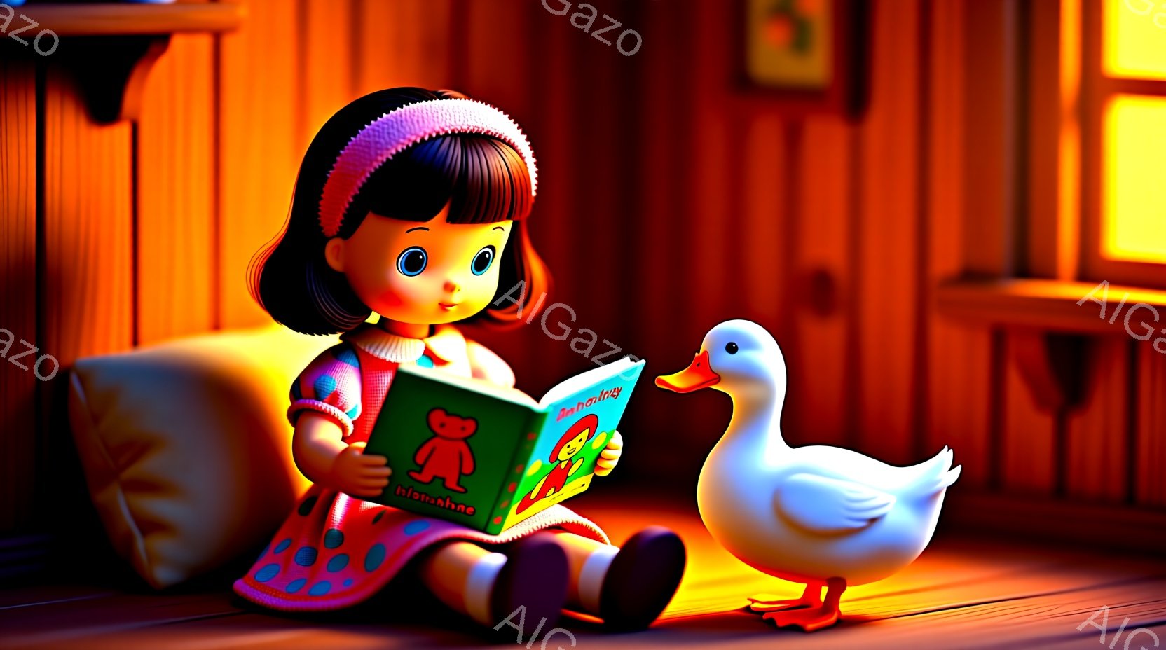 小さな女の子が、膝の上に置かれたクッションに座って絵本を読んでいます。彼女はピンク色のパジャマと頭に白いヘッドバンドをつけ、前髪はぱっつん、黒髪のボブヘアです。背景には木製の壁があり、かわいらしいアヒルのおもちゃが彼女の横に座って、一緒に物語を楽しんでいるような温かい雰囲気です。