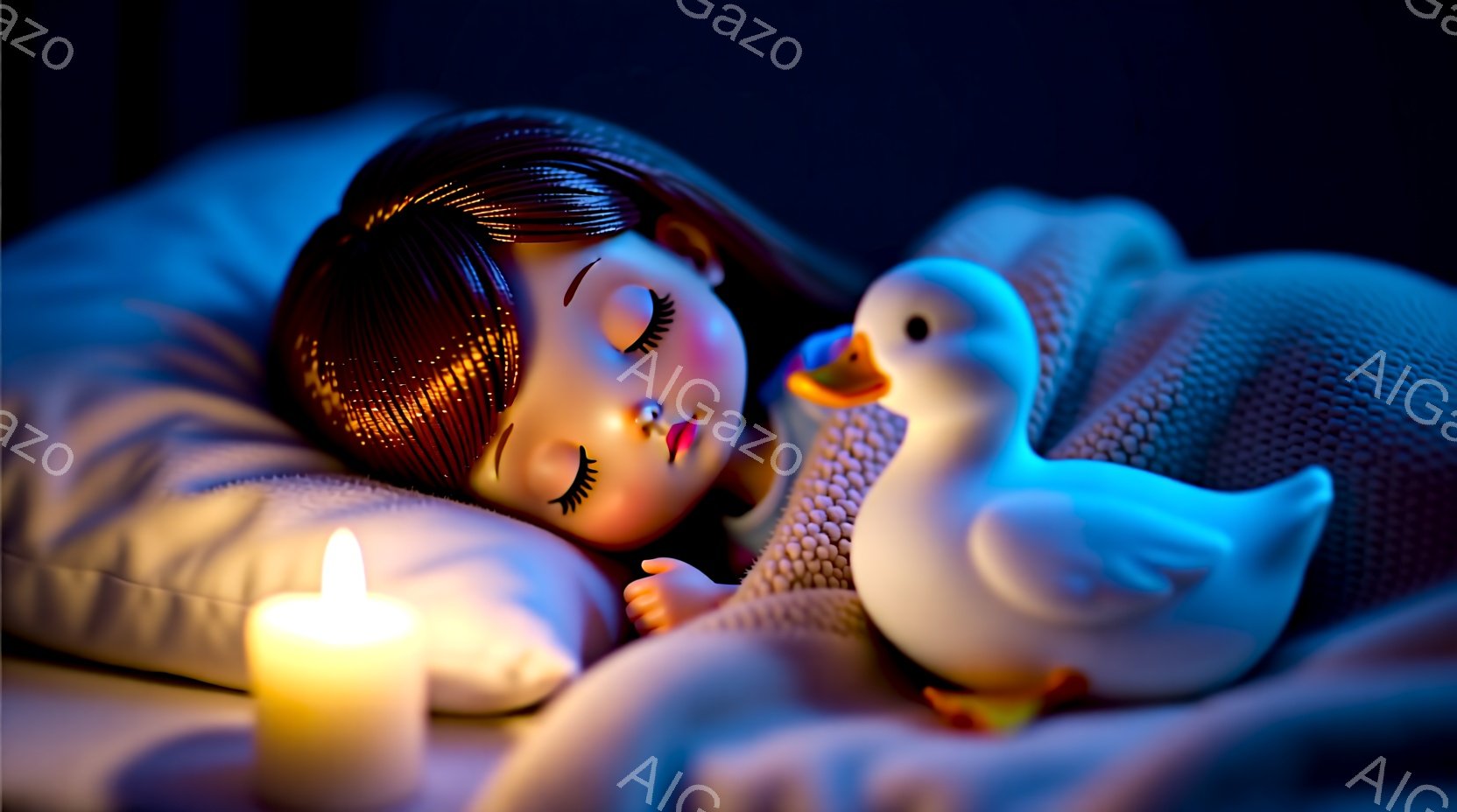 赤毛の女の子が柔らかい毛布に包まれて眠っています。彼女はピンク色のパジャマを着ており、長いまつげで目を閉じ、穏やかな表情をしています。青いおもちゃのアヒルが彼女の隣に寄り添い、ぼんやりとした光を放つキャンドルが近くに置かれています。