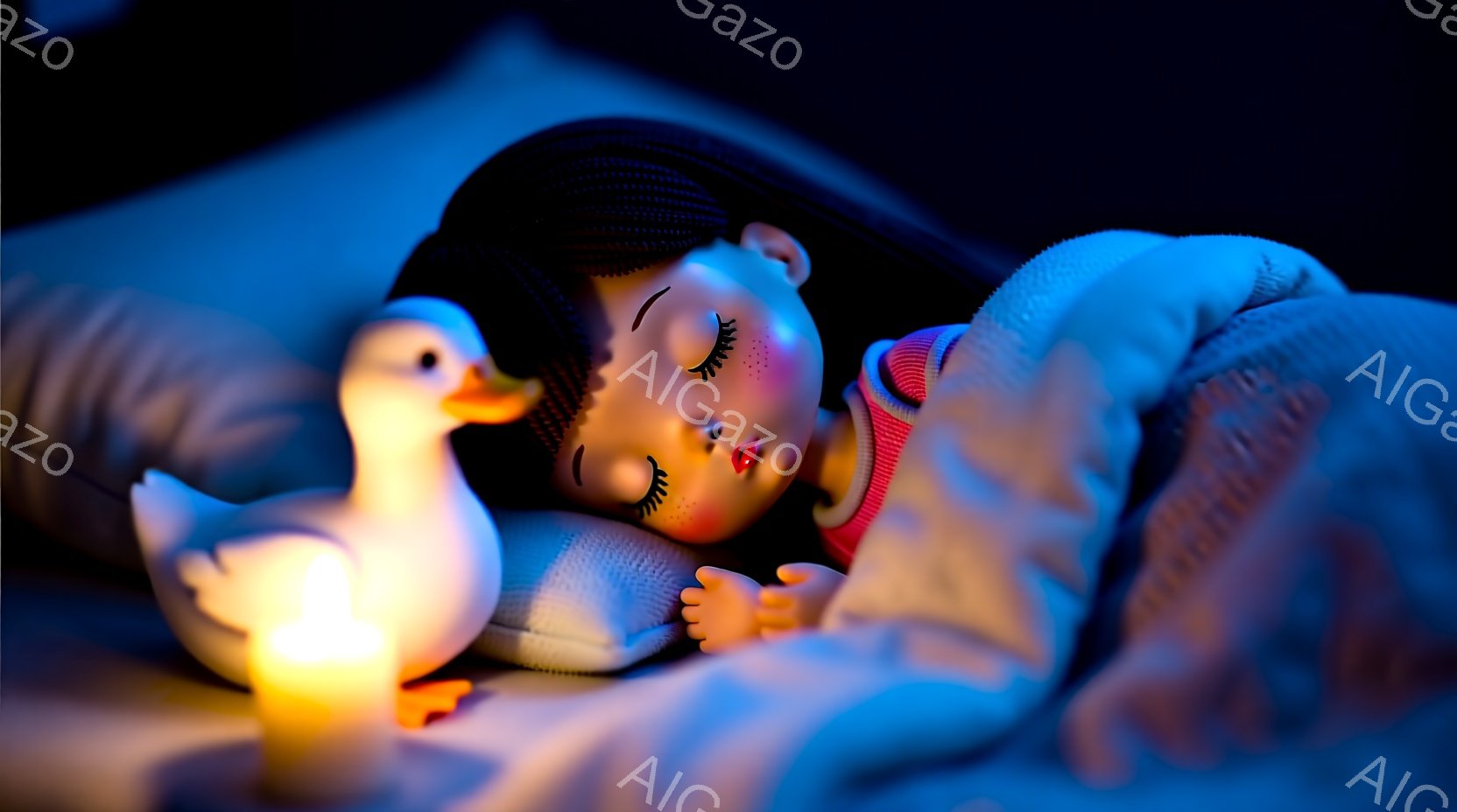 幼い少女が枕に頭を預けて眠っている様子が捉えられています。彼女は赤いパジャマを着用し、頭には黒いヘアバンドをつけています。枕の隣には、光を放つおもちゃの黄色いアヒルの置物が置かれており、全体的に温かく穏やかな雰囲気が漂っています。