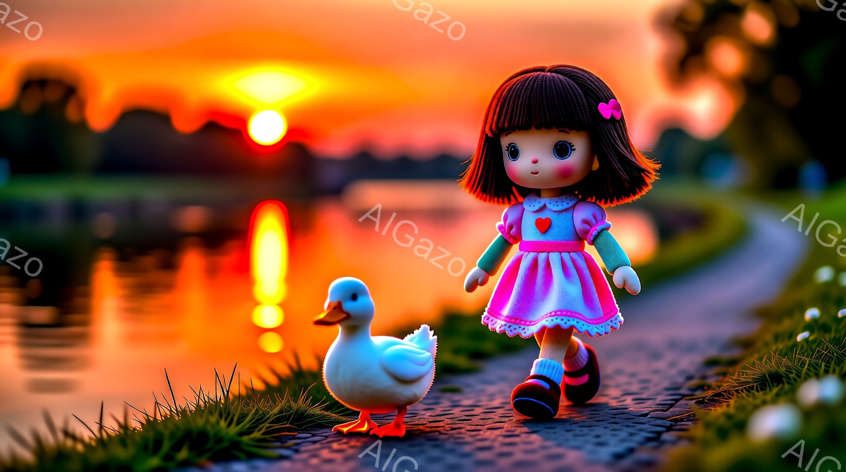 明るいピンク色のワンピースを着た女の子がおもちゃの道を歩いている。彼女は茶色の巻き毛にリボンをつけており、表情は穏やかで愛らしい。背景には夕焼けに照らされた川と緑豊かな草地が広がり、暖かい雰囲気を醸し出している。