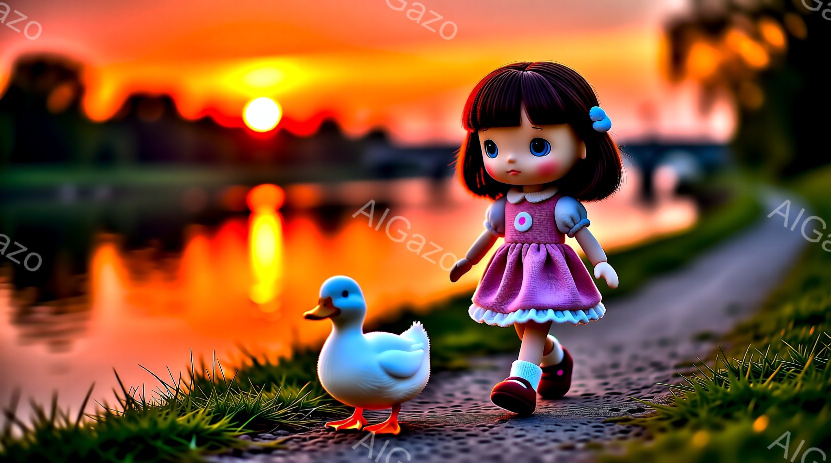 明るいピンク色のドレスを着た少女が、小道を歩いています。彼女は茶色の短い髪をしており、大きな瞳が特徴的です。背景には、夕焼けに照らされた水辺の風景が広がり、オレンジ色と赤色のグラデーションが美しいです。