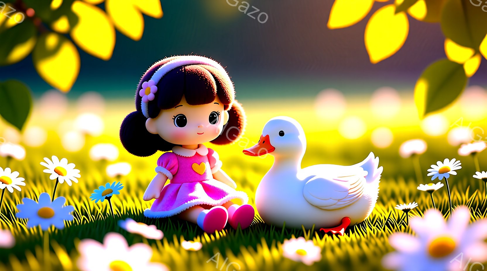 少女はピンクの服を着て、黒髪を可愛らしいリボンで結んでいます。彼女は花畑の中に座り、白いアヒルのおもちゃと並んで穏やかな表情をしています。背景には緑の草と様々な色の花が咲き乱れ、全体的に暖かく、夢幻的 - AI生成フリー素材