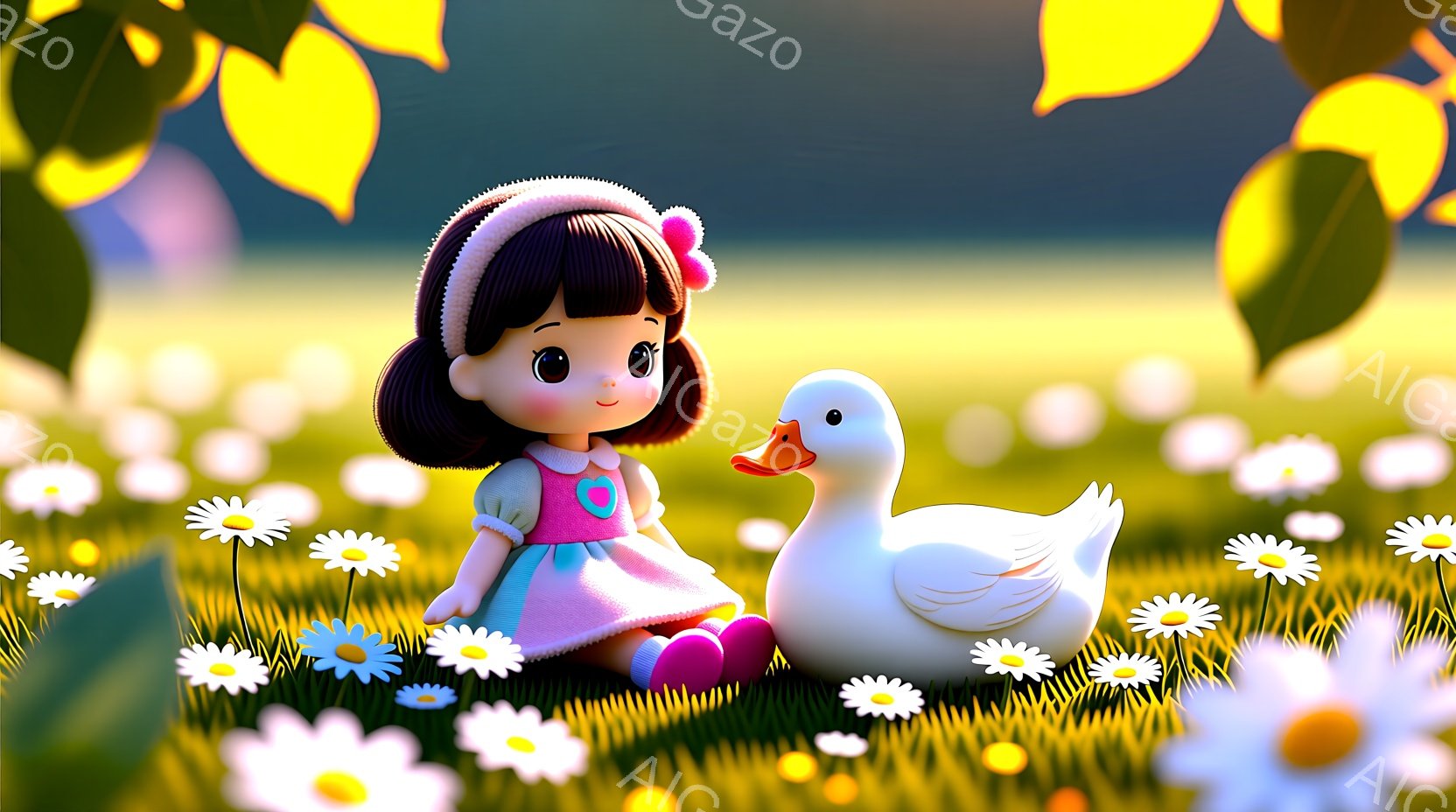 茶色の髪をカールさせた少女が、ピンク色のワンピースを着て、緑の草の上に座っています。彼女は白い花でいっぱいの野原にいて、隣には白いアヒルのおもちゃがいます。背景はぼやけた緑と黄色で、全体的に暖かく、優しい雰囲気です。