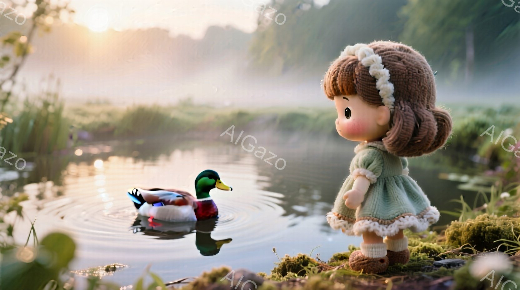 少女は緑色のニットのワンピースを着て、頭に白いリボンを付けています。彼女はそばにいるアヒルを見つめ、少し恥ずかしそうな表情をしています。背景には霧のかかった湖と緑豊かな自然があり、穏やかで牧歌的な雰囲気が漂っています。