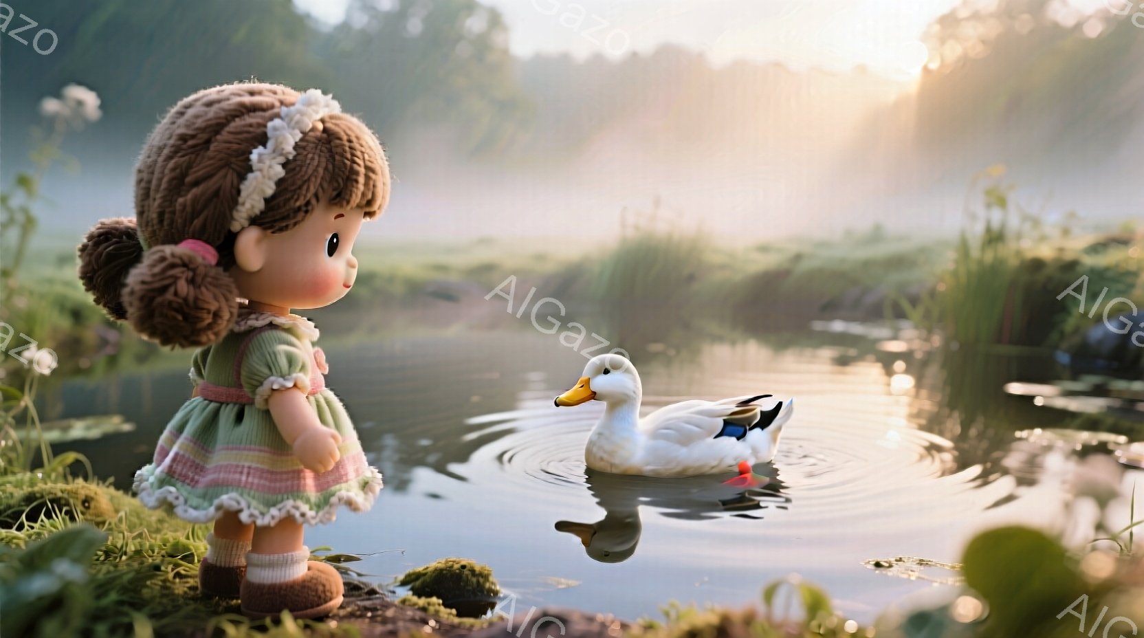 明るい緑色のフリル付きのワンピースを着た少女が、水辺に立っています。彼女は茶色の巻き毛の髪を二つのポニーテールにし、少し内気な表情で白鳥を見つめています。背景には、霧のかかった緑豊かな自然が広がり、朝 - AI生成フリー素材