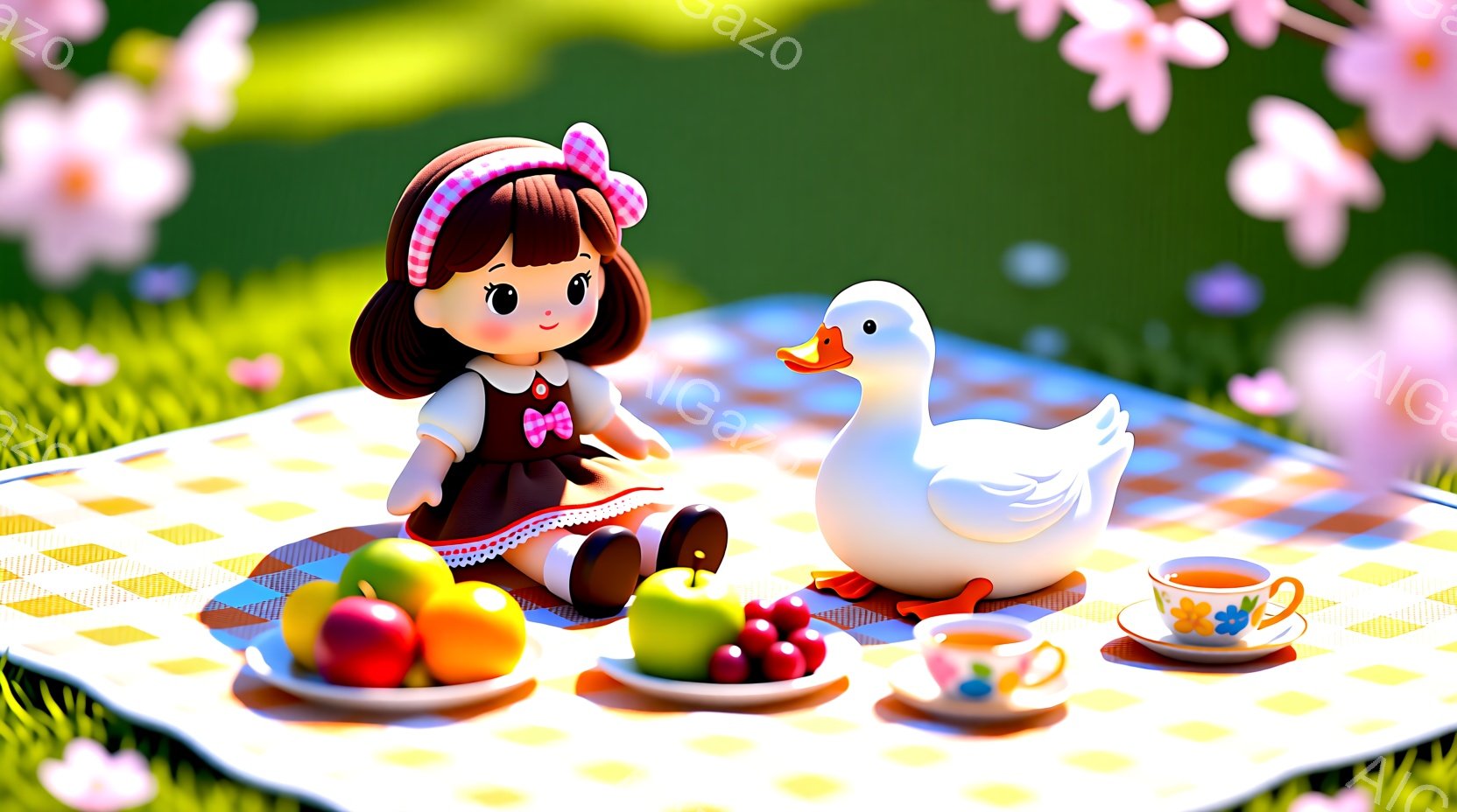茶色の巻き毛にピンクのリボンをつけた少女が、赤いワンピースと白のフリルソックスを履いて、ピクニックシートの上で座っています。少女の表情は穏やかで、前にはおもちゃの白鳥と、りんごやさくらんぼ、お茶が置かれたお皿があります。背景には緑の草と桜の花が咲き乱れ、明るく穏やかなピクニックの雰囲気を醸し出しています。