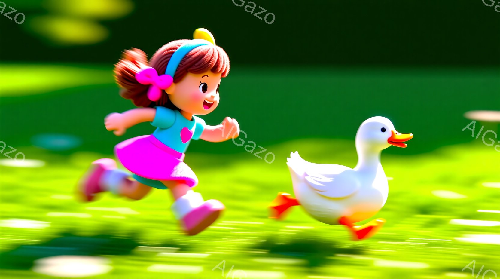 少女はピンクのスカートと水色のシャツを着て、緑の草原を走り回っています。彼女は茶色の巻き毛にピンクのリボンをつけており、笑顔でとても楽しそうです。背景は鮮やかな緑の草地で、光が差し込み、活気に満ちた雰囲気です。