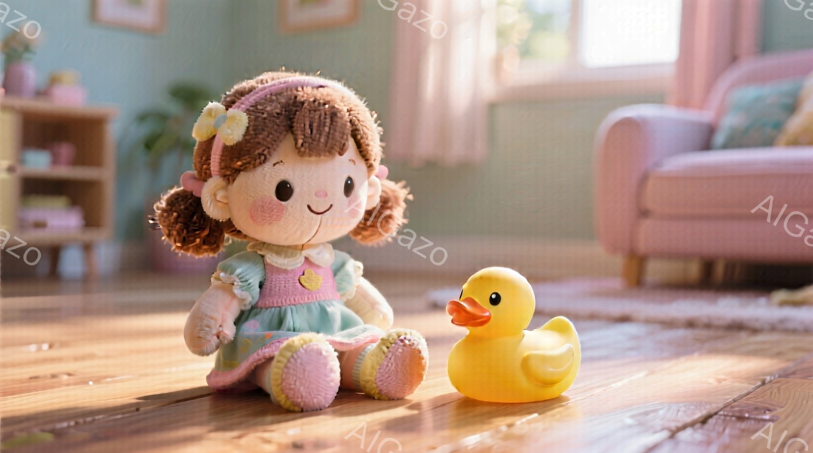 明るい木製の床に、人形と黄色いアヒルのぬいぐるみがあっています。人形は茶色の巻き毛で、ピンクと水色の花柄のワンピースを着ており、ほほえんでいます。背景には、柔らかいピンク色のソファと本棚が見え、穏やか - AI生成フリー素材