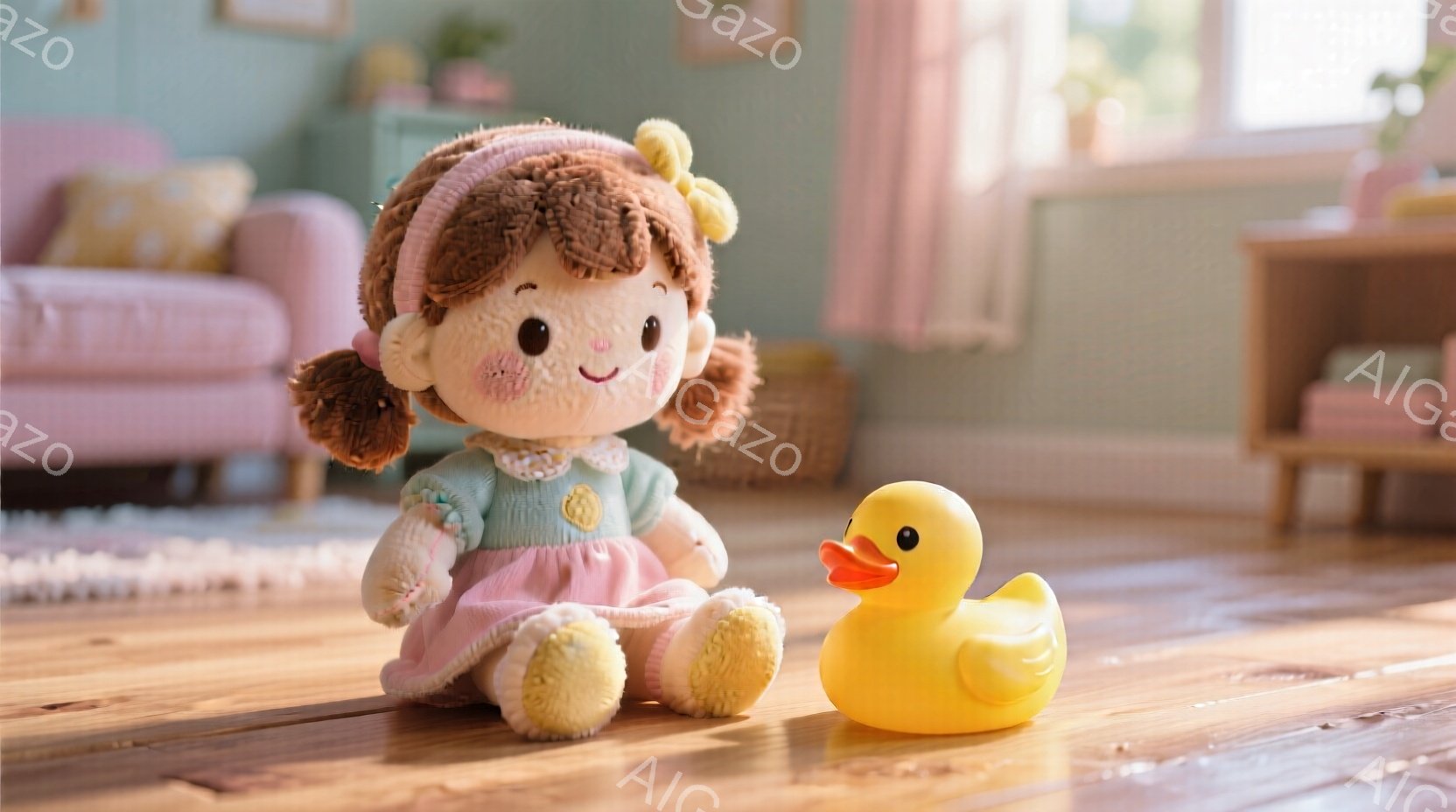 明るい木製の床に、人形と黄色いアヒルの玩具が置かれています。人形は、ピンクのワンピースと水色のベストを着て、茶色の巻き毛の髪を二つに結んでいます。背景には、ピンクのソファやキャビネットが見え、柔らかな光が差し込み、温かくて優しい雰囲気を醸し出しています。
