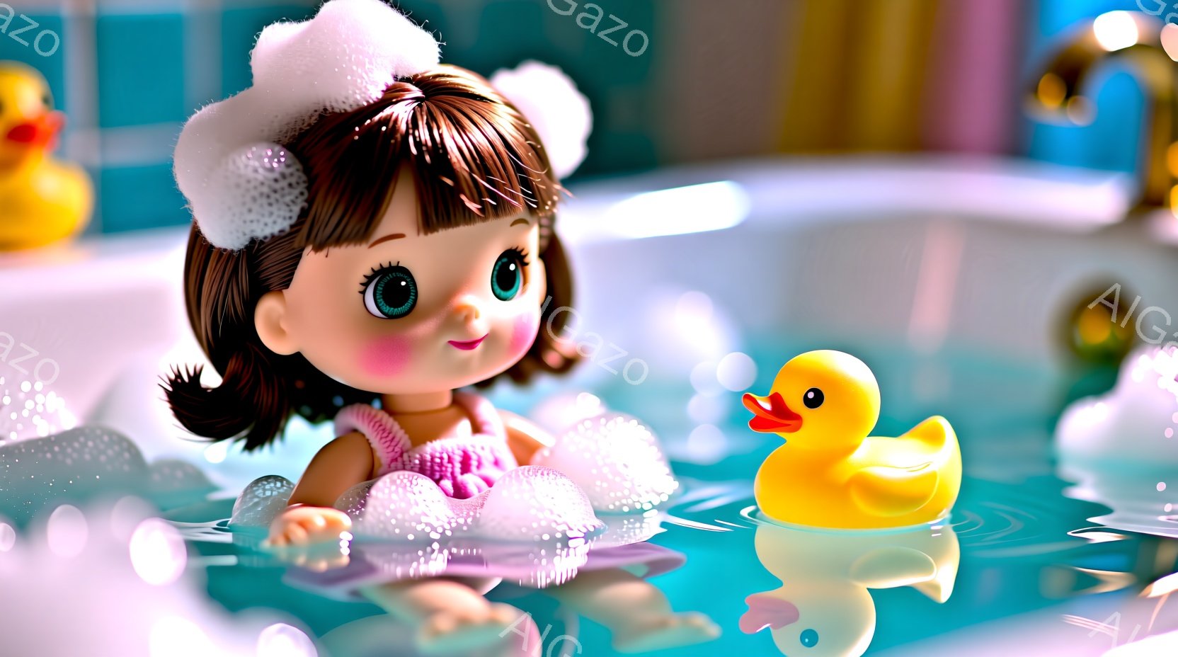 ターコイズブルーの泡で満たされたバスタブの中で、ピンク色の水着を着た少女がリラックスしています。彼女は茶色の巻き毛に白いターバンを巻き、大きな青い目で穏やかに微笑んでいます。背景には、水色のタイルと金色の蛇口が見え、全体的に柔らかく、夢のような雰囲気が漂っています。