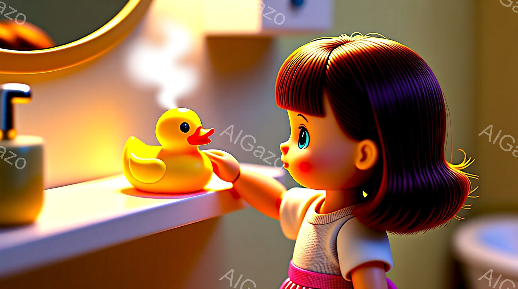 茶髪の短い髪を後ろで結んだ幼い女の子が、お風呂の縁に座って黄色いアヒルのおもちゃを見つめている。彼女は白いシャツにピンク色のストライプのスカートを着ており、頬はほんのり赤らんでいる。背景には湯気が立ち上る浴室の一部が見え、温かく穏やかな雰囲気を醸し出している。
