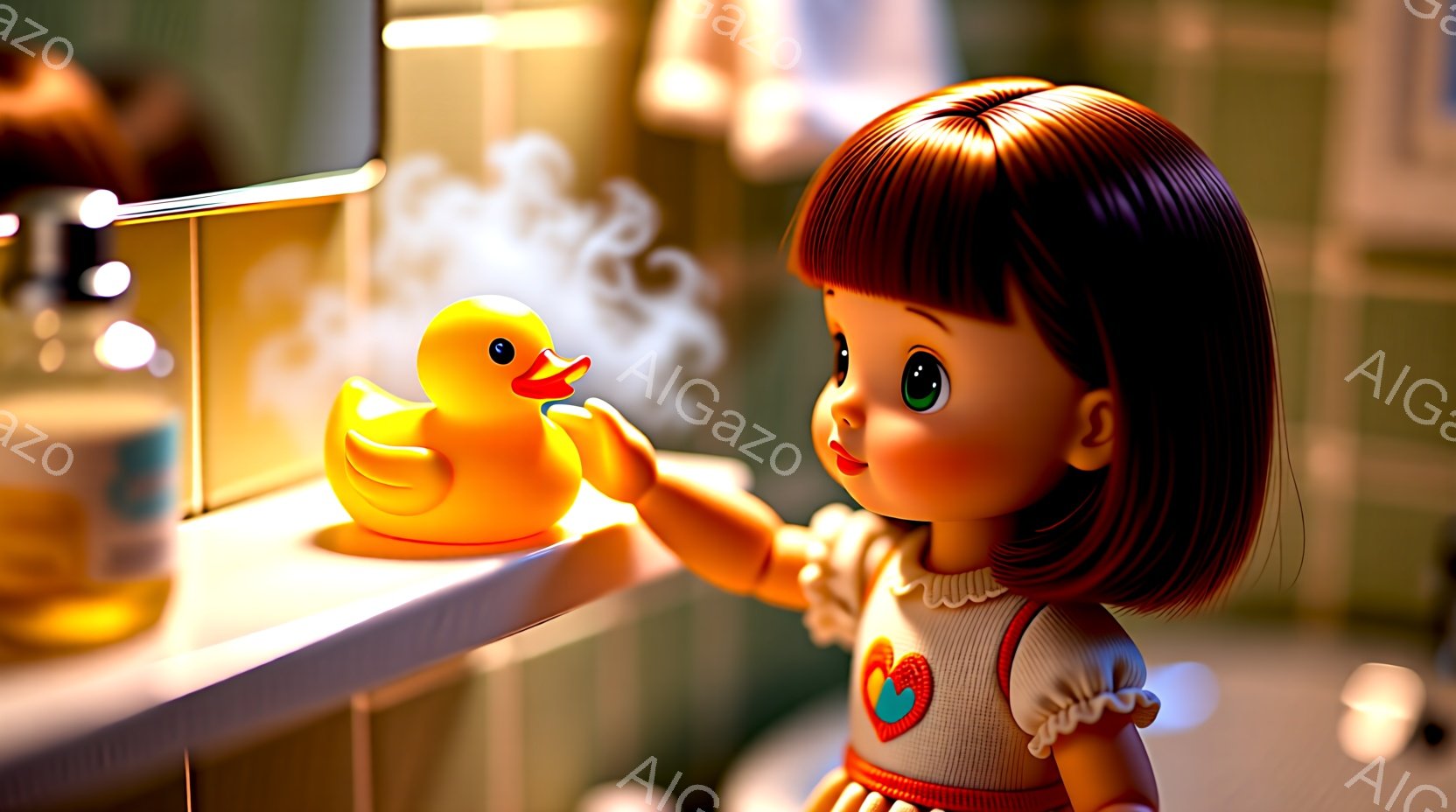 赤毛の幼い少女が、お風呂場で黄色いアヒルのおもちゃと戯れている様子が描かれています。少女はピンク色のフリル襟の服を着ており、髪は短くカールがかかっています。背景には浴室の白いタイルと、湯気でぼやけた洗面台が見え、温かく、穏やかな雰囲気が漂っています。