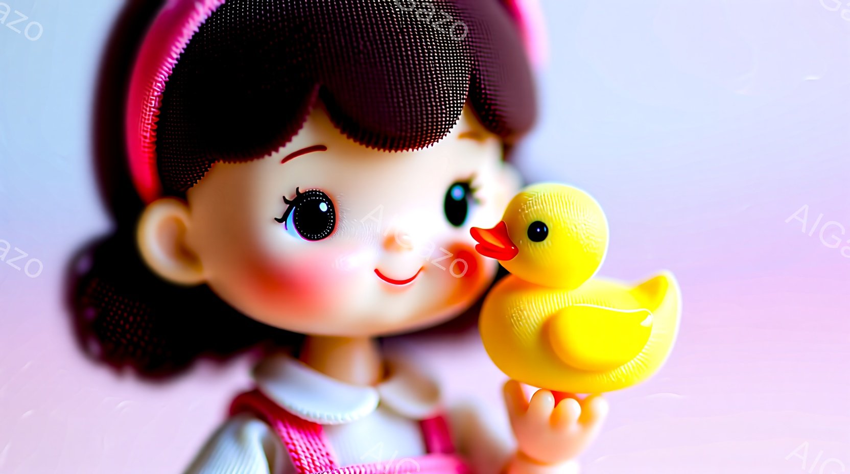 暗い髪にピンクのヘアバンドを付けた少女が、鮮やかな黄色のゴム鴨を手に持っています。彼女は白い襟の付いたピンク色の服を着ており、頬は赤く、顔には笑顔が見られます。背景は淡いピンク色で、柔らかく可愛らしい雰囲気を醸し出しています。