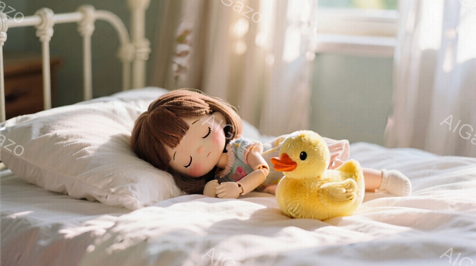 明るい日差しの下、白いベッドに横たわる人形が写っている。人形は茶色の髪を肩まで伸ばし、ピンクのパジャマを着て、目を閉じて眠っているように見える。隣には黄色いアヒルのぬいぐるみがあり、柔らかく温かい雰囲 - AI生成フリー素材