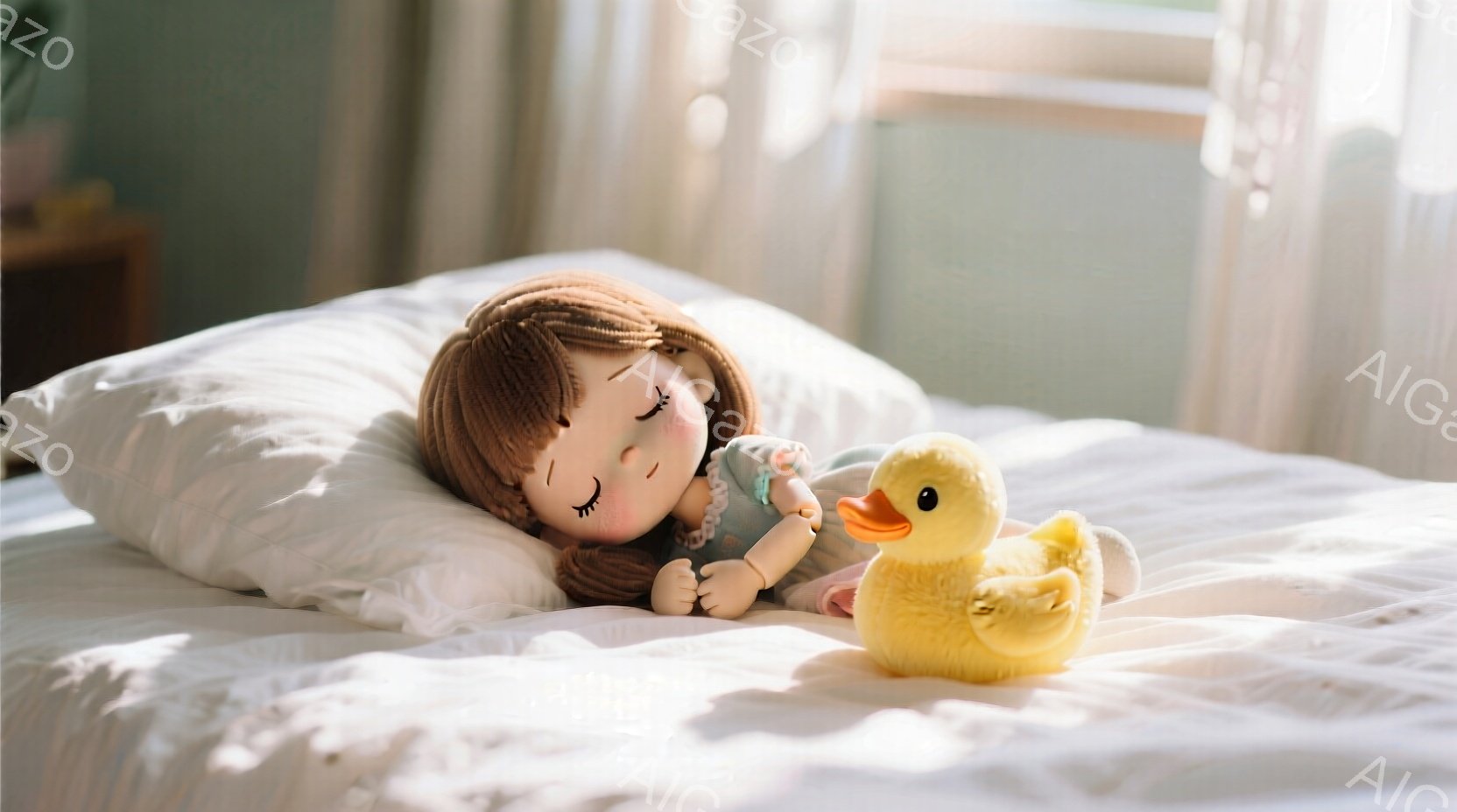 優しい光が差し込むベッドの上で、茶色の巻き髪の少女が眠っています。淡い水色のパジャマを着ており、両手を胸の前で組んでいます。黄色いアヒルのぬいぐるみと白い枕が彼女のそばにあり、穏やかで安らかな雰囲気が - AI生成フリー素材