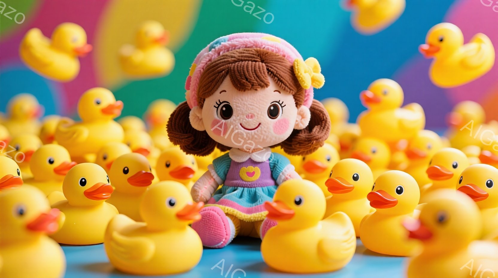 明るい茶色の巻き毛にピンク色のヘアバンドをつけた女の子の人形が、水色のスカートとピンク色のセーターを着ています。人形は座って穏やかに微笑んでおり、周りには黄色いアヒルの玩具が密集しています。背景は鮮やかな青色で、全体的に明るく、遊び心あふれる雰囲気です。