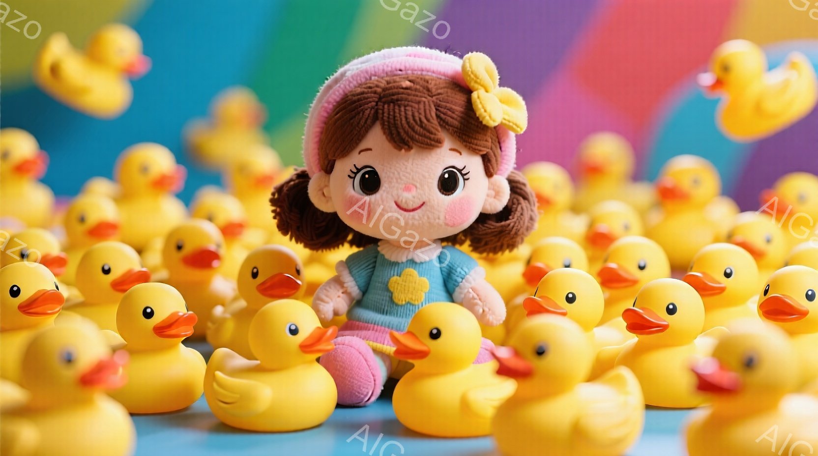 茶髪の巻き毛の少女の人形が、黄色いアヒルのぬいぐるみで囲まれて座っています。人形はピンク色の服を着ており、頭には黄色いリボンと花飾りをつけています。背景は青と虹色のグラデーションで、全体的に明るく、可愛らしい雰囲気です。