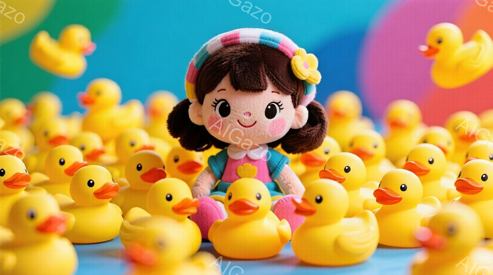 茶色の巻き毛をした少女の人形が、黄色いアヒルのぬいぐるみたちに囲まれています。少女はピンク色のワンピースと花柄のヘアバンドを着ており、優しい笑顔を浮かべています。背景は鮮やかな水色とピンクのグラデーションで、全体的に明るく、楽しい雰囲気を醸し出しています。