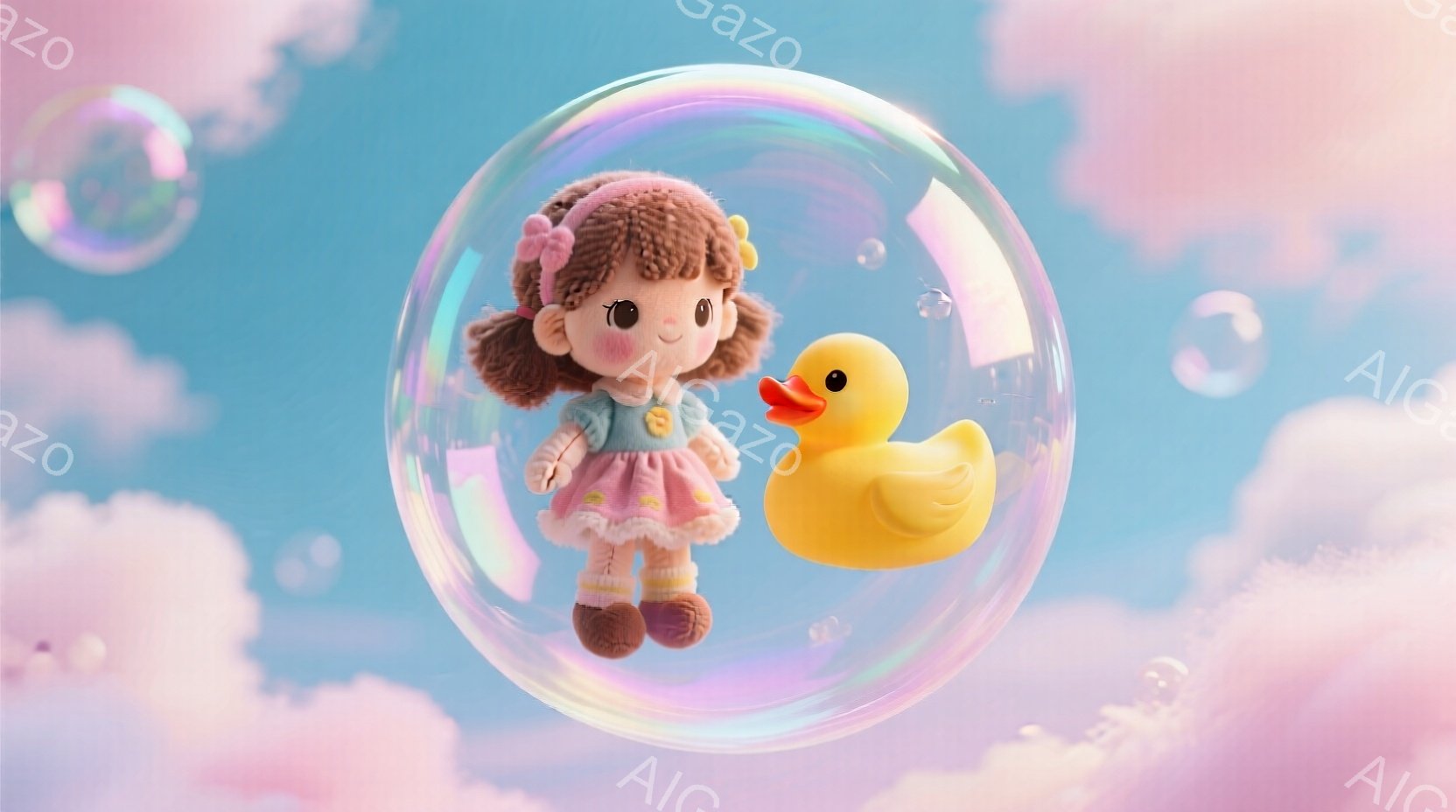 ふわふわとした茶色の髪に黄色いリボンをつけた少女の人形と、鮮やかな黄色の小さなアヒルのおもちゃが、透明なシャボン玉の中に浮かんでいます。少女はピンクと黄色の可愛らしいスカートを着ており、穏やかな表情をしています。背景は淡いピンクと水色の雲が広がり、夢のような、幻想的な雰囲気を醸し出しています。
