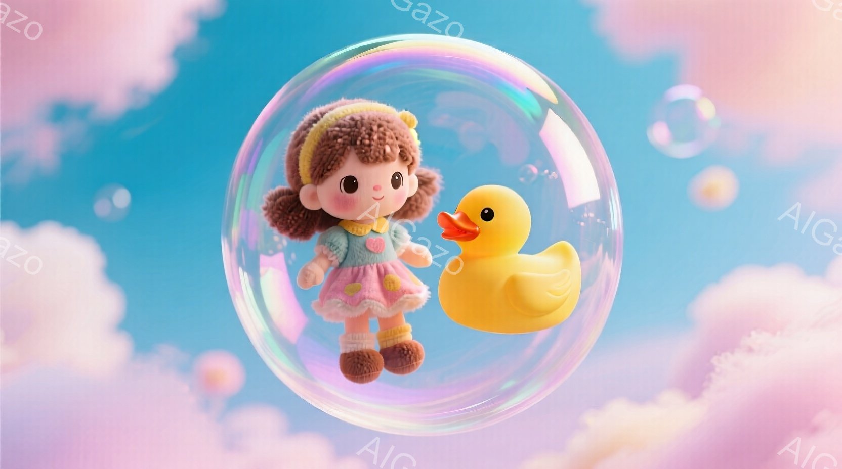 明るいピンク色の背景に、泡の中に少女とアヒルの黄色いおもちゃが浮かんでいます。少女は茶色の巻き毛で、ピンクのワンピースと茶色の靴を履いており、楽しそうな表情をしています。背景には、淡いピンク色の雲が広がり、夢のような雰囲気を醸し出しています。