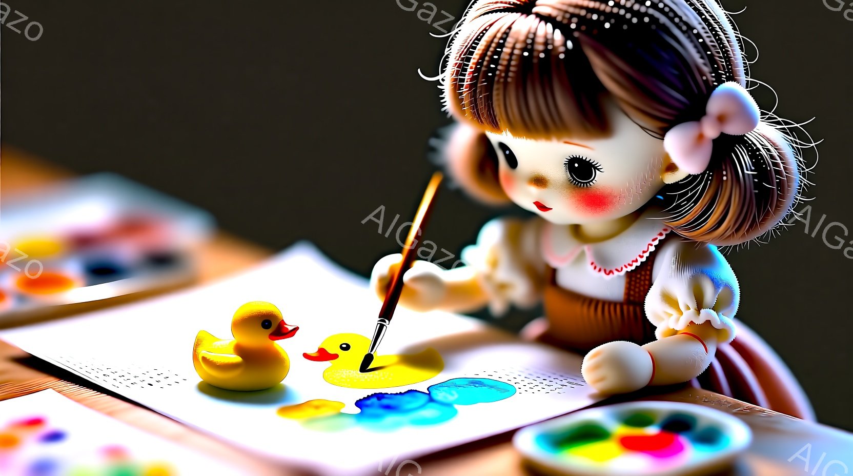 少女は、茶色の巻き毛にピンクの大きなリボンをつけている。彼女は赤いオーバーオール姿で、キャンバスに向かって絵筆を走らせ、黄色いアヒル２羽を描いている。背景には絵の具のパレットが置かれ、暖かく創造的な雰囲気が漂う。