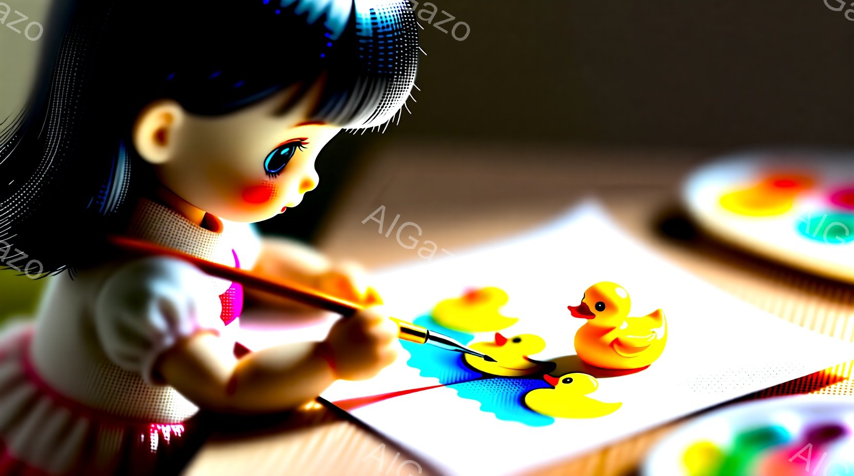 黒髪の少女が絵を描いている様子が写っている。彼女はピンク色の水玉模様の服を着ており、筆を持って青い水面を塗り、黄色いアヒルのおもちゃを配置している。背景にはパレットと絵の具があり、明るい光が当たる室内で、遊び心あふれる雰囲気が漂っている。