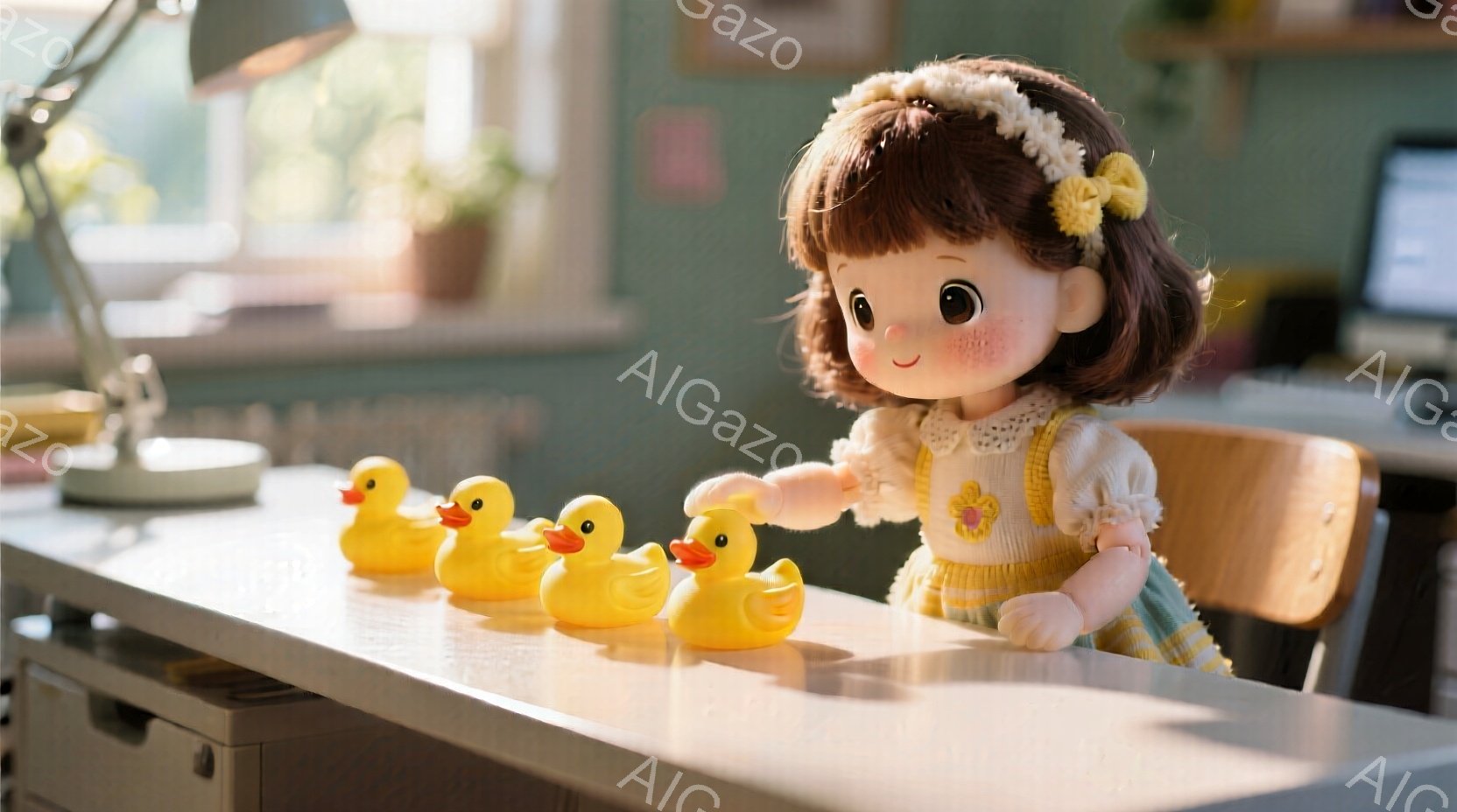 茶髪の巻き毛の少女が、黄色い花柄のワンピースと白いエプロンを着て、机に座っています。彼女は黄色いアヒルのおもちゃの列に手を伸ばし、遊び心に満ちた表情を浮かべています。背景には窓から差し込む光と、植物、そして机の上にはランプやコンピューターが見え、温かく穏やかな雰囲気を醸し出しています。