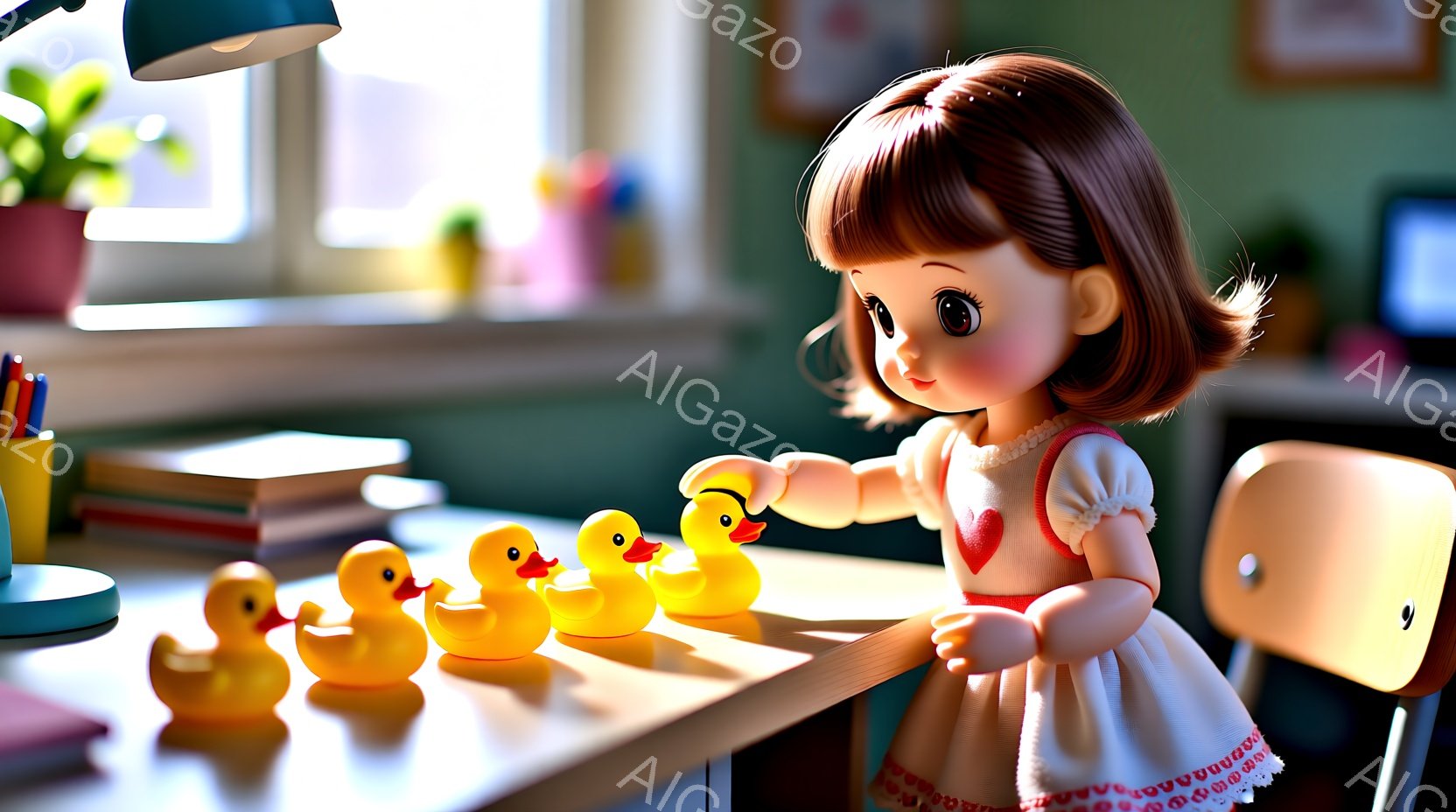 明るい色の部屋で、茶色の巻き髪の少女が黄色いアヒルのおもちゃの列に向かって手を伸ばしています。彼女はピンクの縁取りがされた白いワンピースを着ており、少し微笑んでいるようです。背景には本や鉛筆、ランプなどが置かれた机があり、暖かく穏やかな雰囲気を感じさせます。
